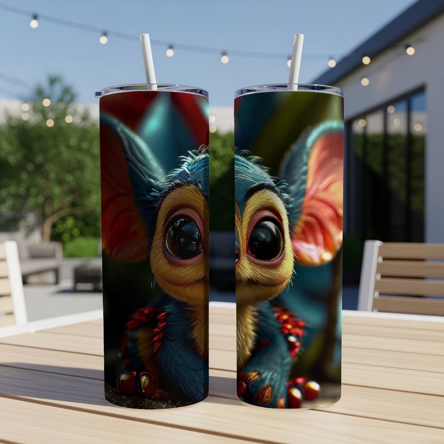 Two cartoon alien monsters with large eyes on colorful tumblers.