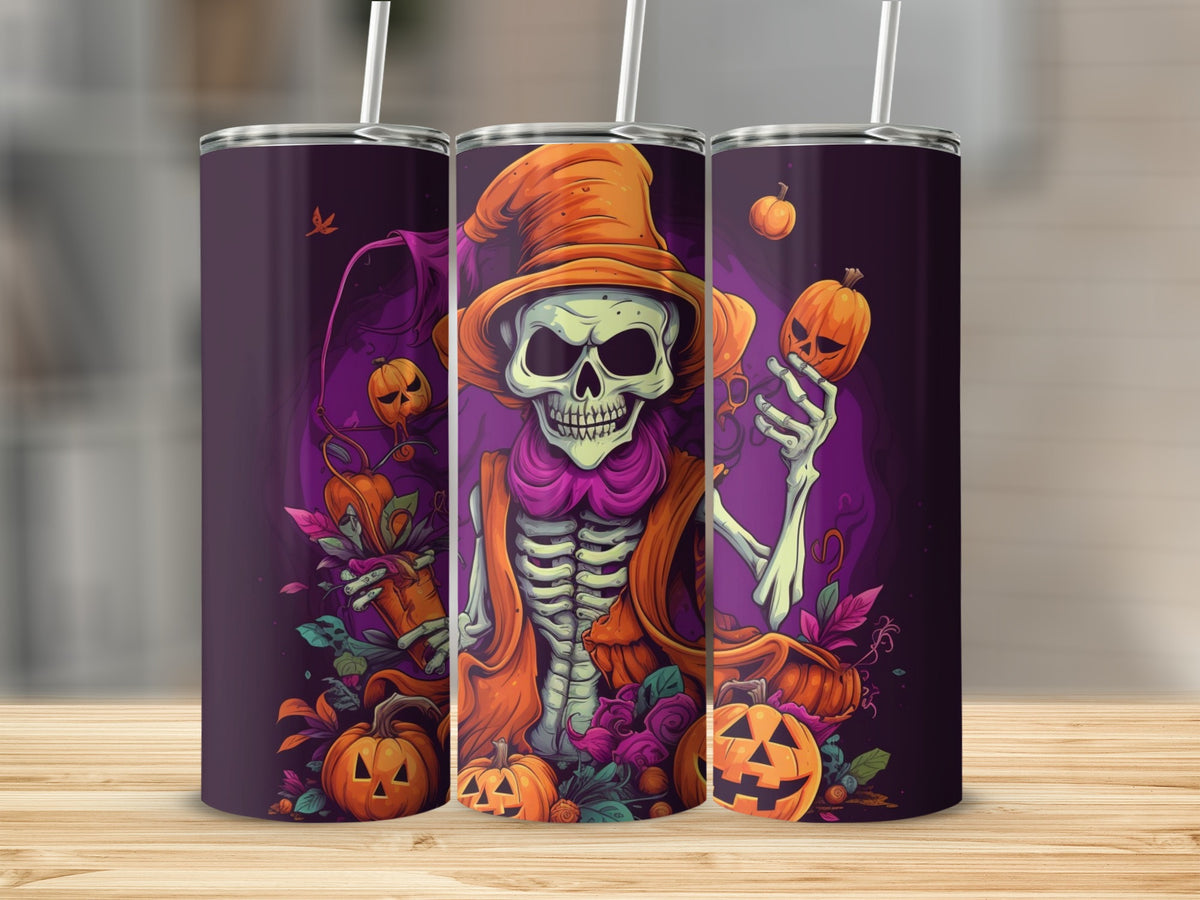 Tumbler with Halloween skeleton, pumpkins, and purple floral accents.