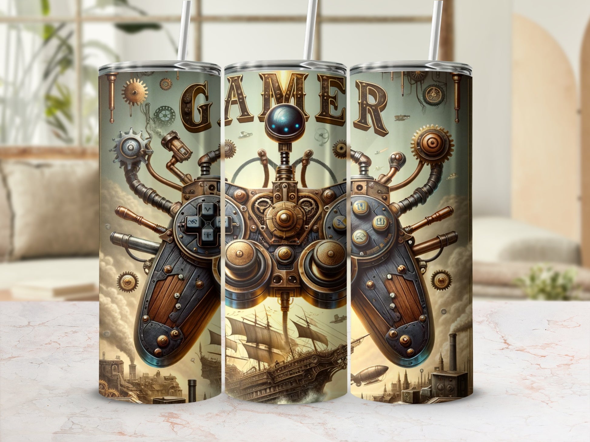 Steampunk controller with "GAMER" text, sailing ship, and airships.