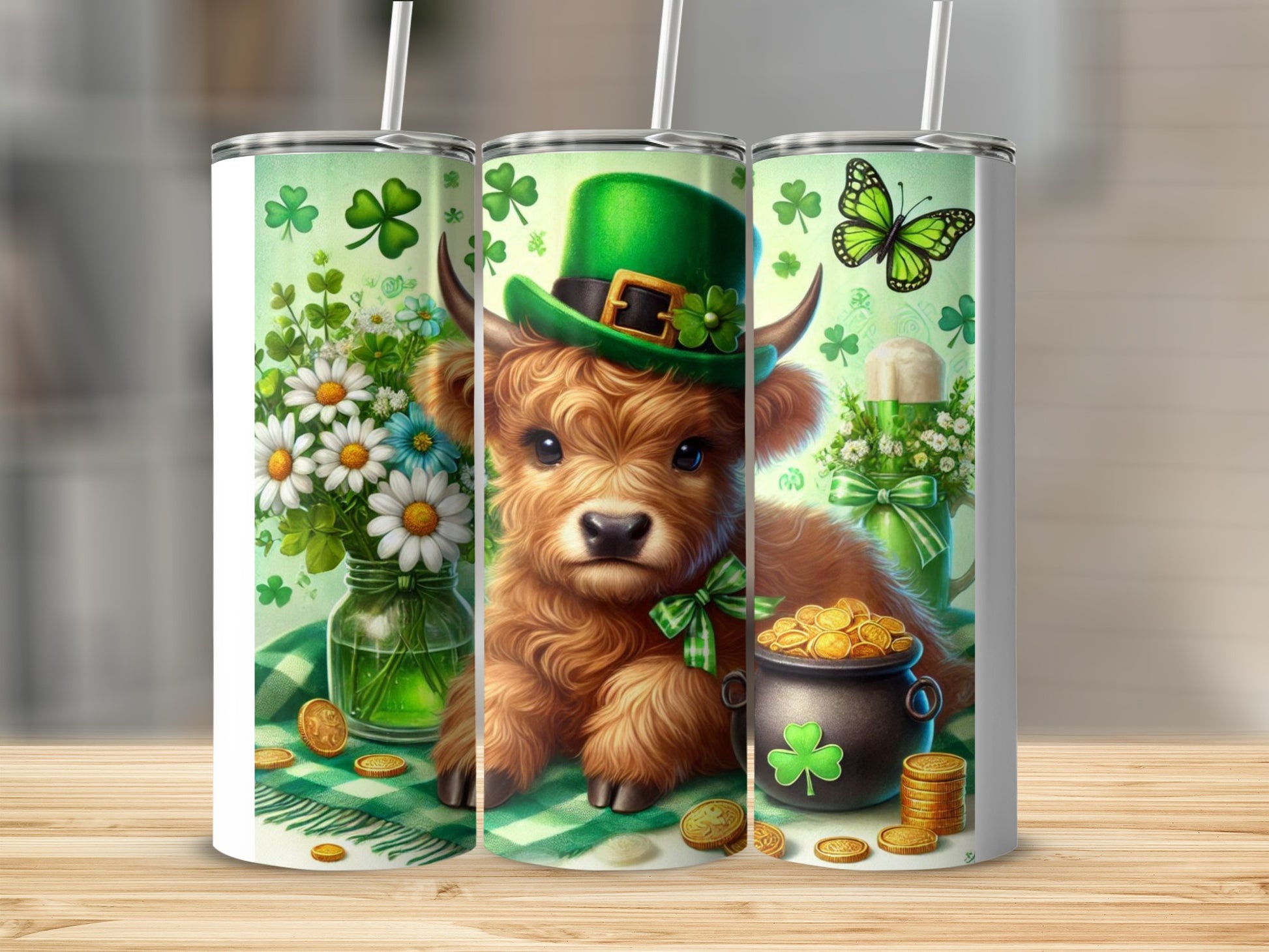 Fluffy Highland cow in green hat with shamrocks and gold coins.