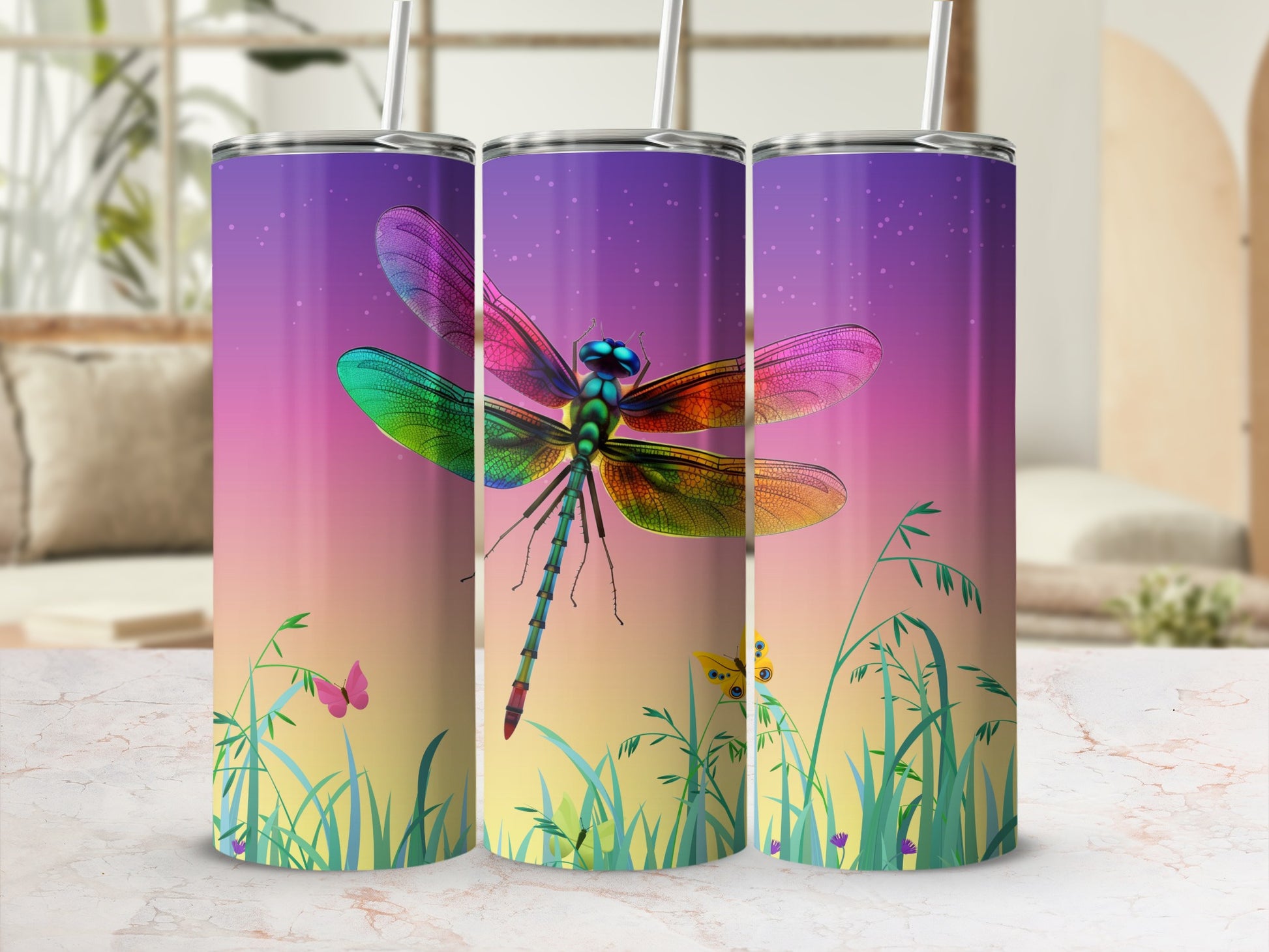 Vibrant Dragonfly Design on Gradient Background Tumbler
