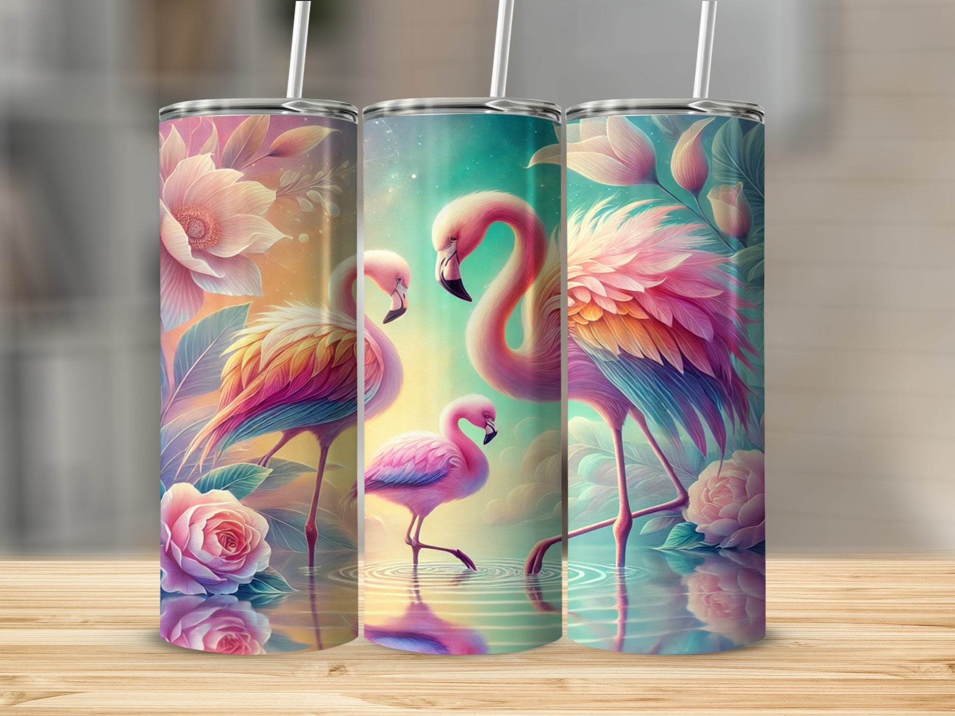 Beautiful Floral and Flamingo Design Tumbler