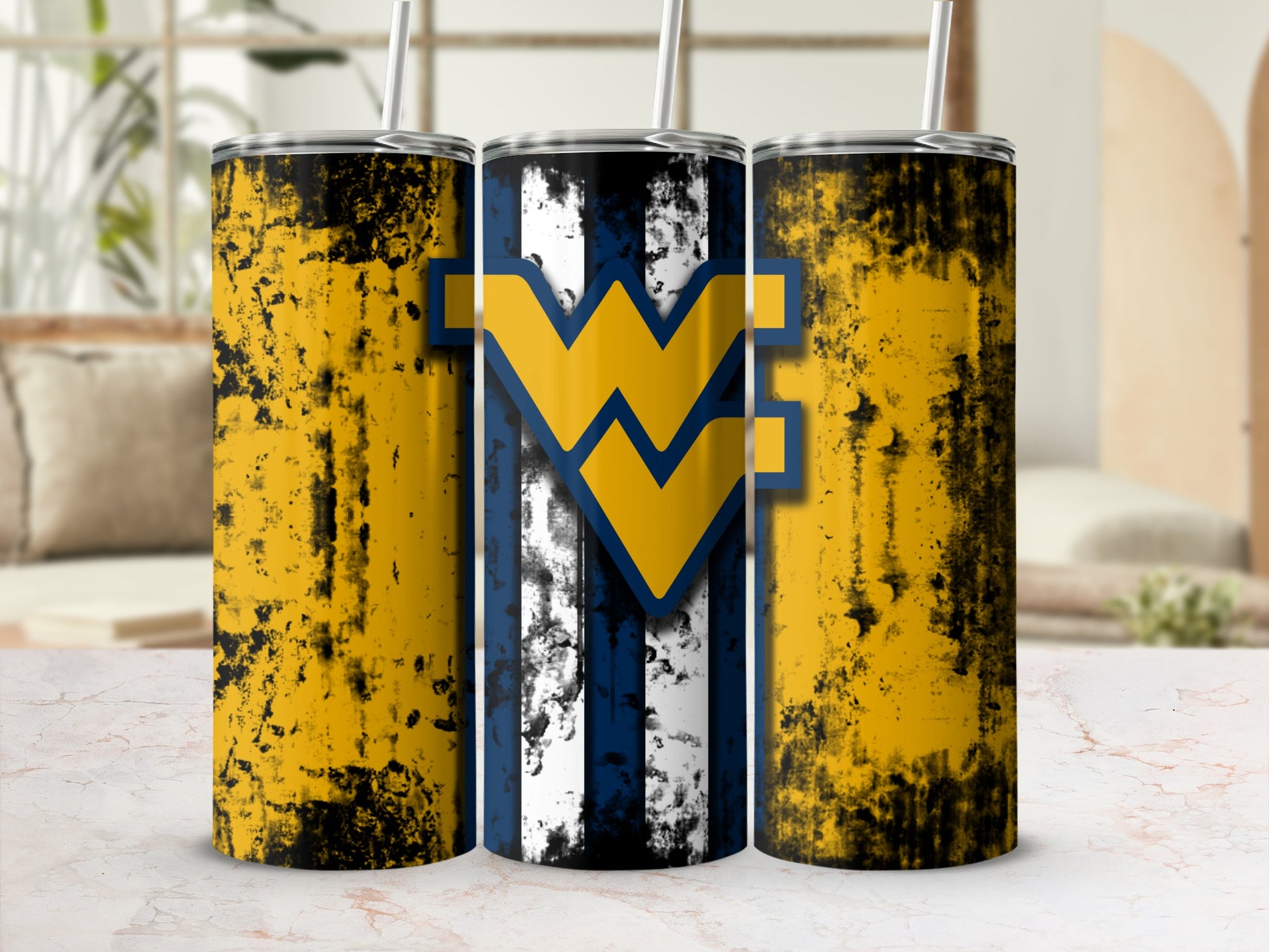 Three tumblers with a weathered WVU logo and distressed yellow and navy design.