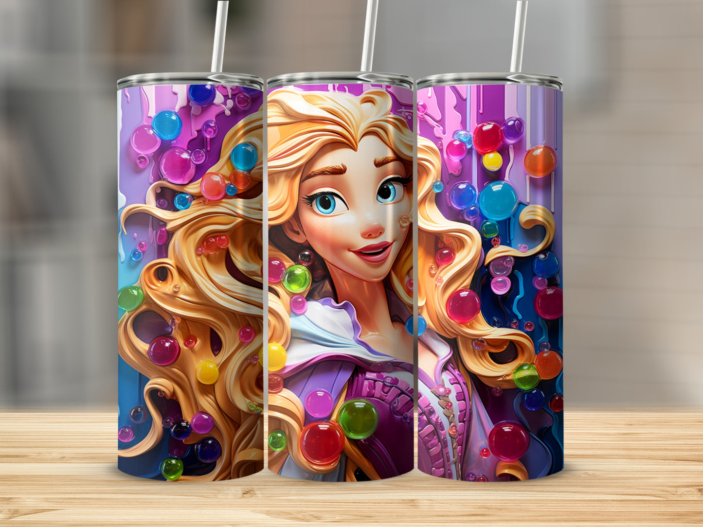 Colorful Princess Design Tumbler with Straw Kid's Gift
