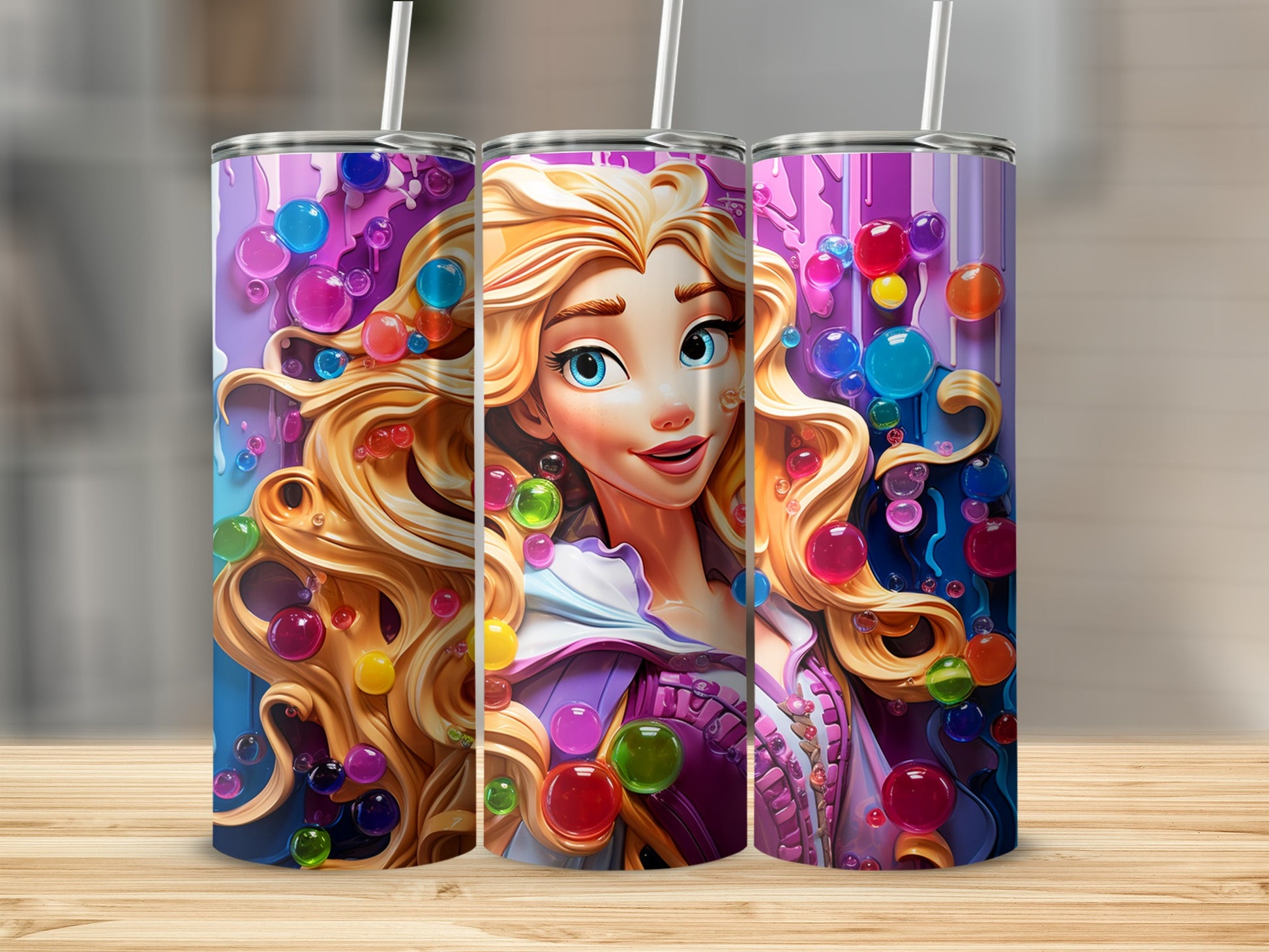 Colorful Princess Design Tumbler with Straw Kid's Gift