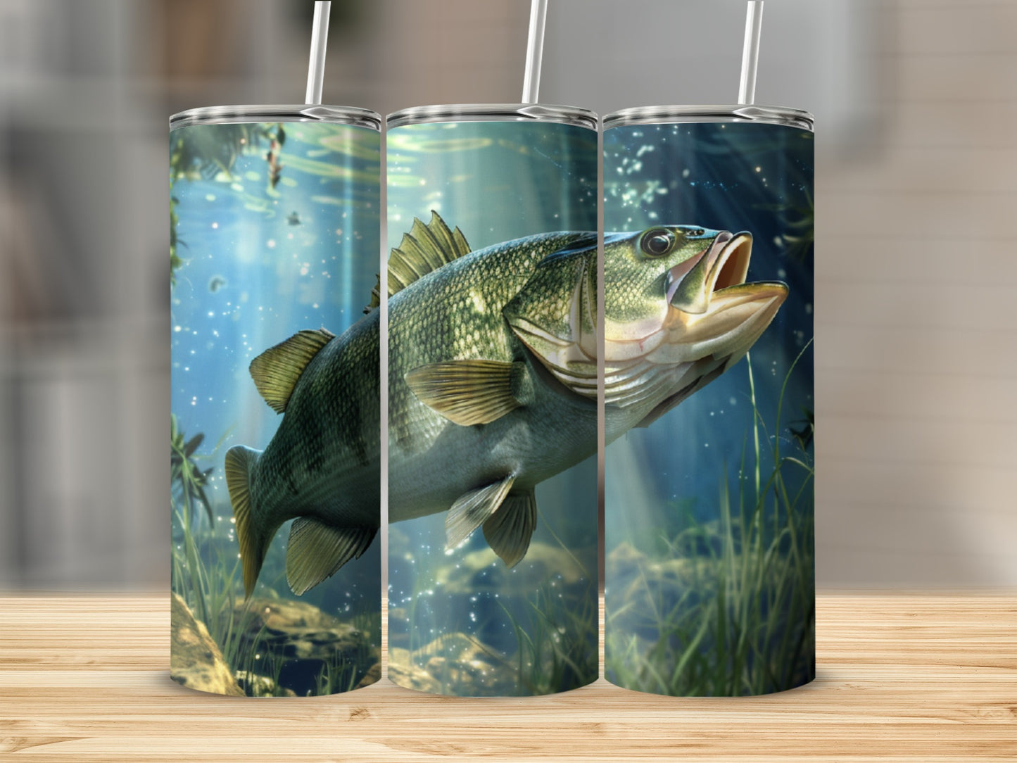 Largemouth bass swimming underwater with sunlight filtering through aquatic plants.