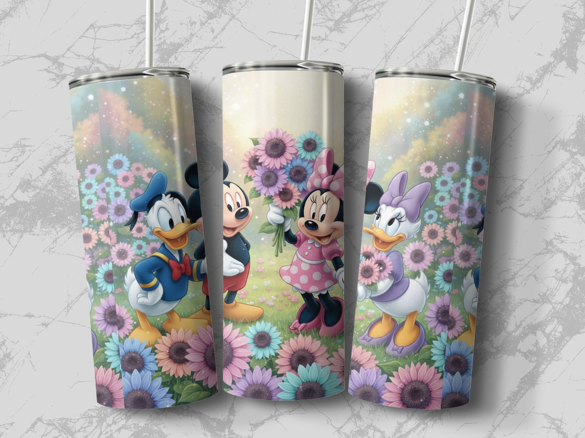 Colorful Floral Design with Cartoon Characters Tumbler