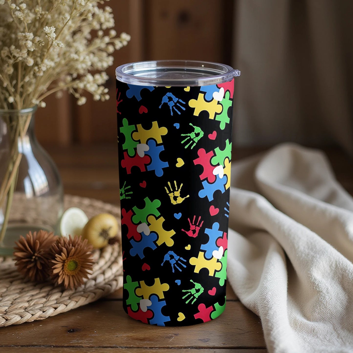 Colorful Puzzle Piece Tumbler with Handprints