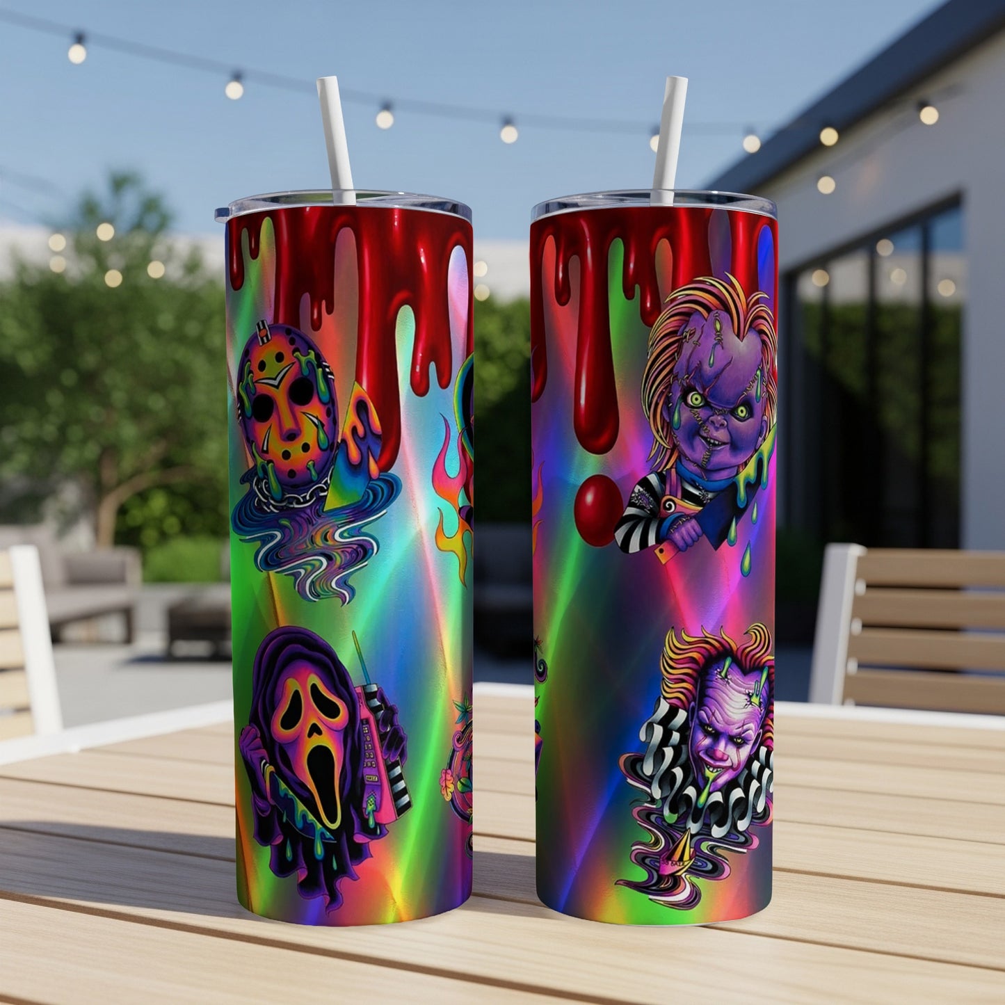 Two tumblers with horror movie characters and dripping blood design.