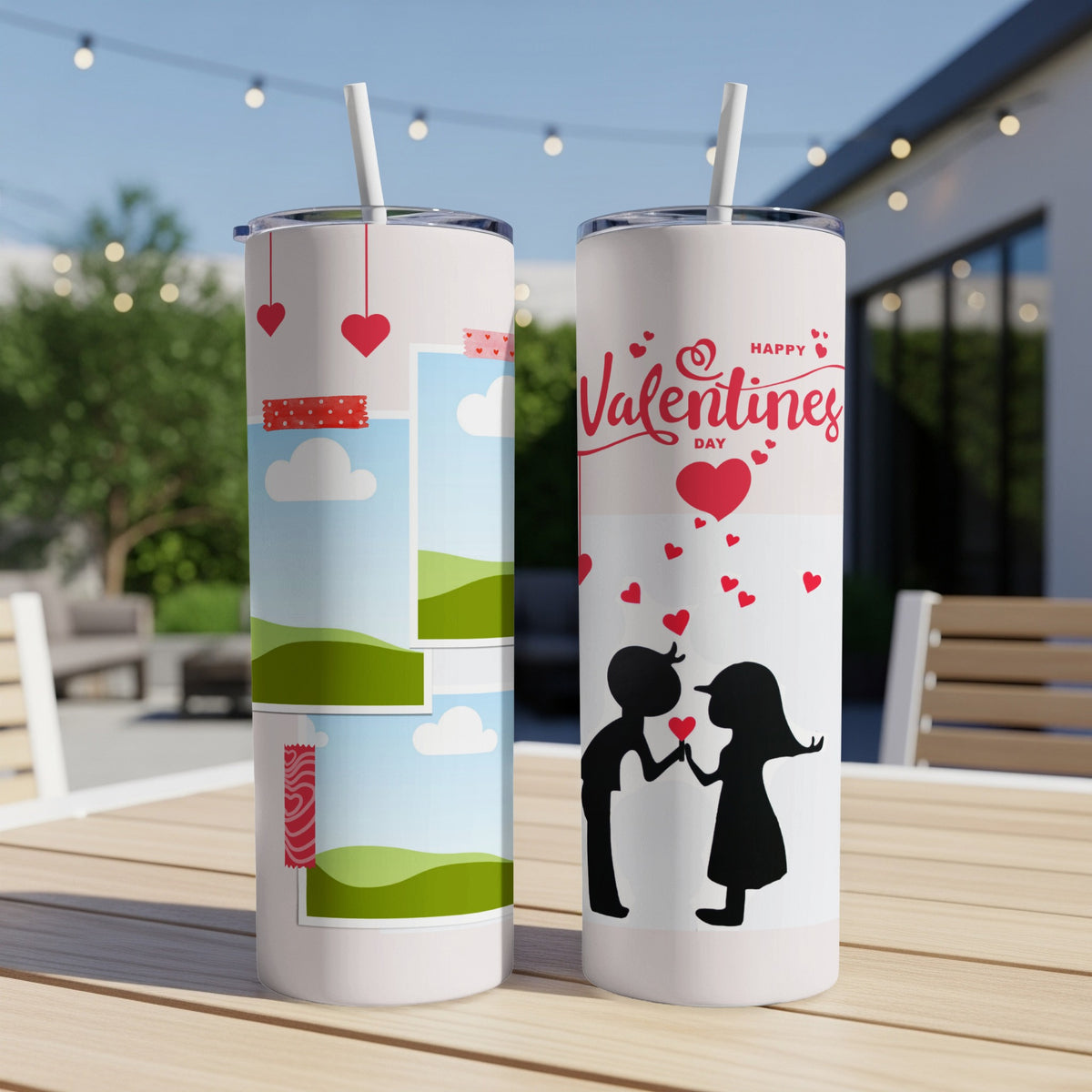 Two Valentine's Day tumblers, one with landscapes, one with silhouettes of a couple.