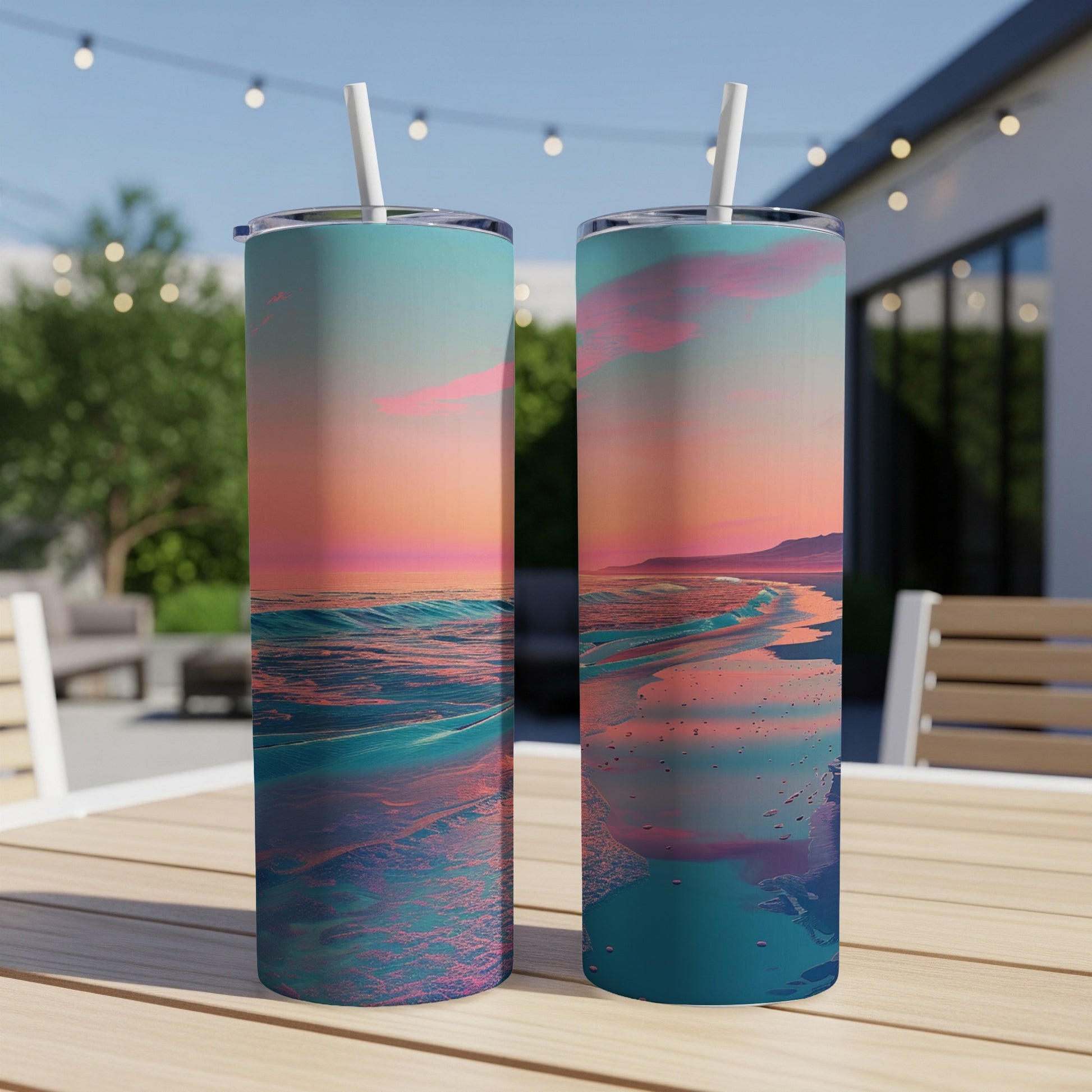 Two tumblers with a sunset beach scene design on a patio table.