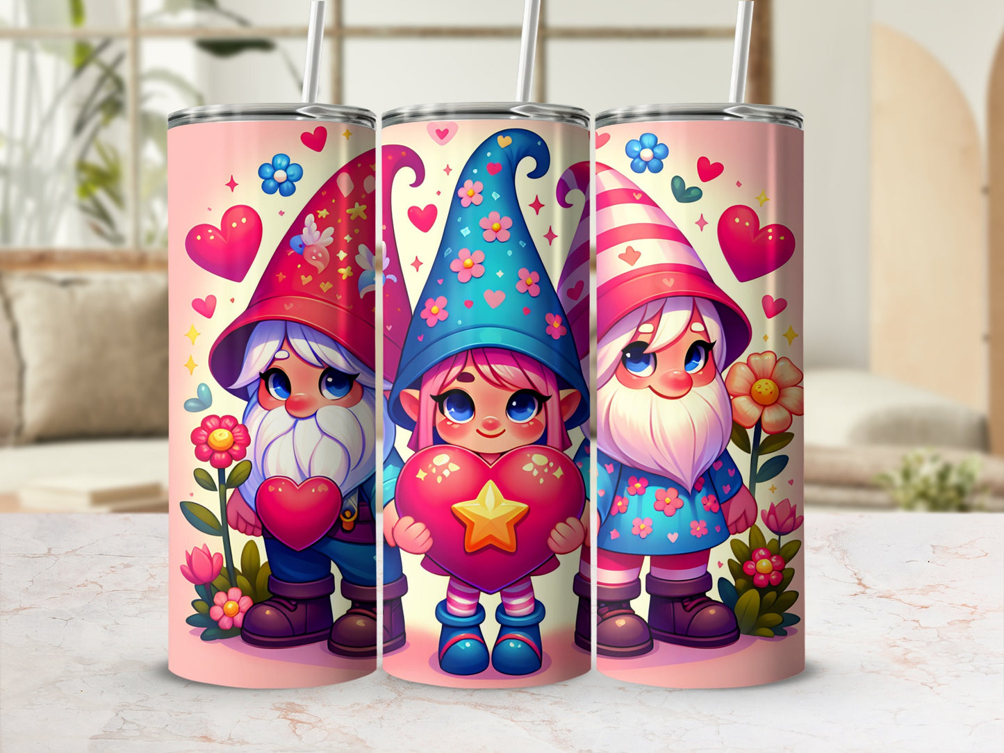 Adorable Garden Gnome Tumblers with Hearts and Flowers