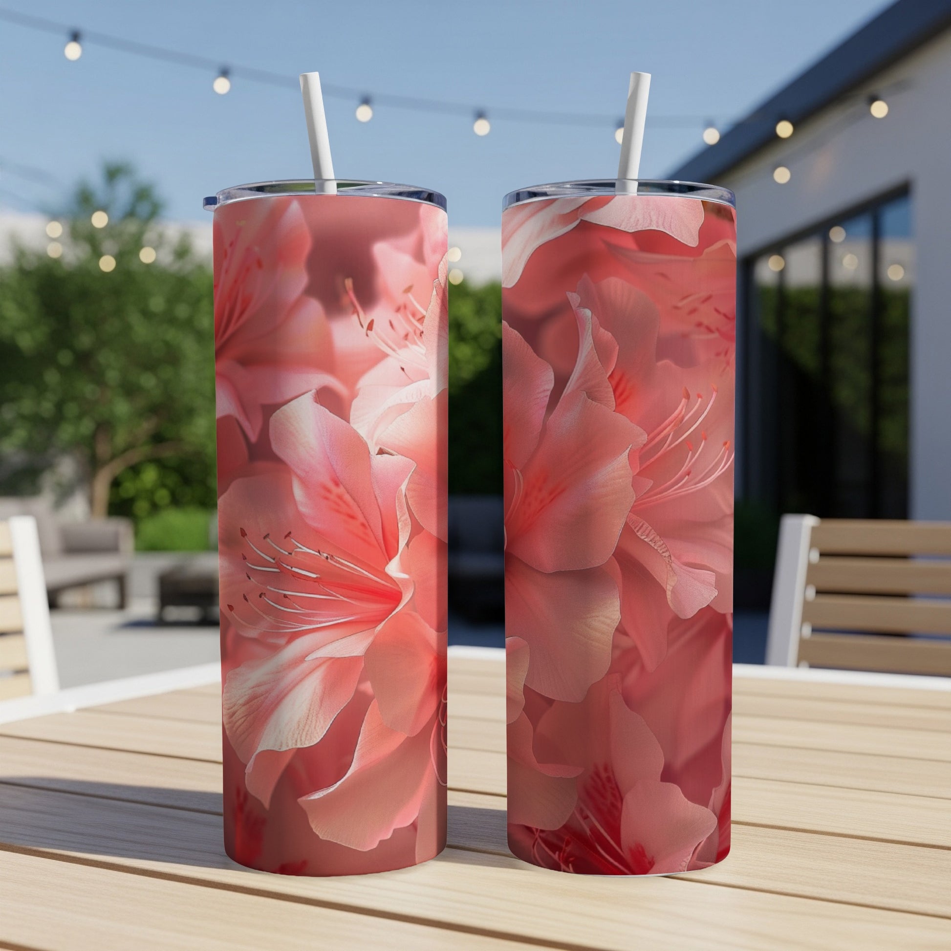 Two tumblers with a close-up pink floral pattern on a wooden table.