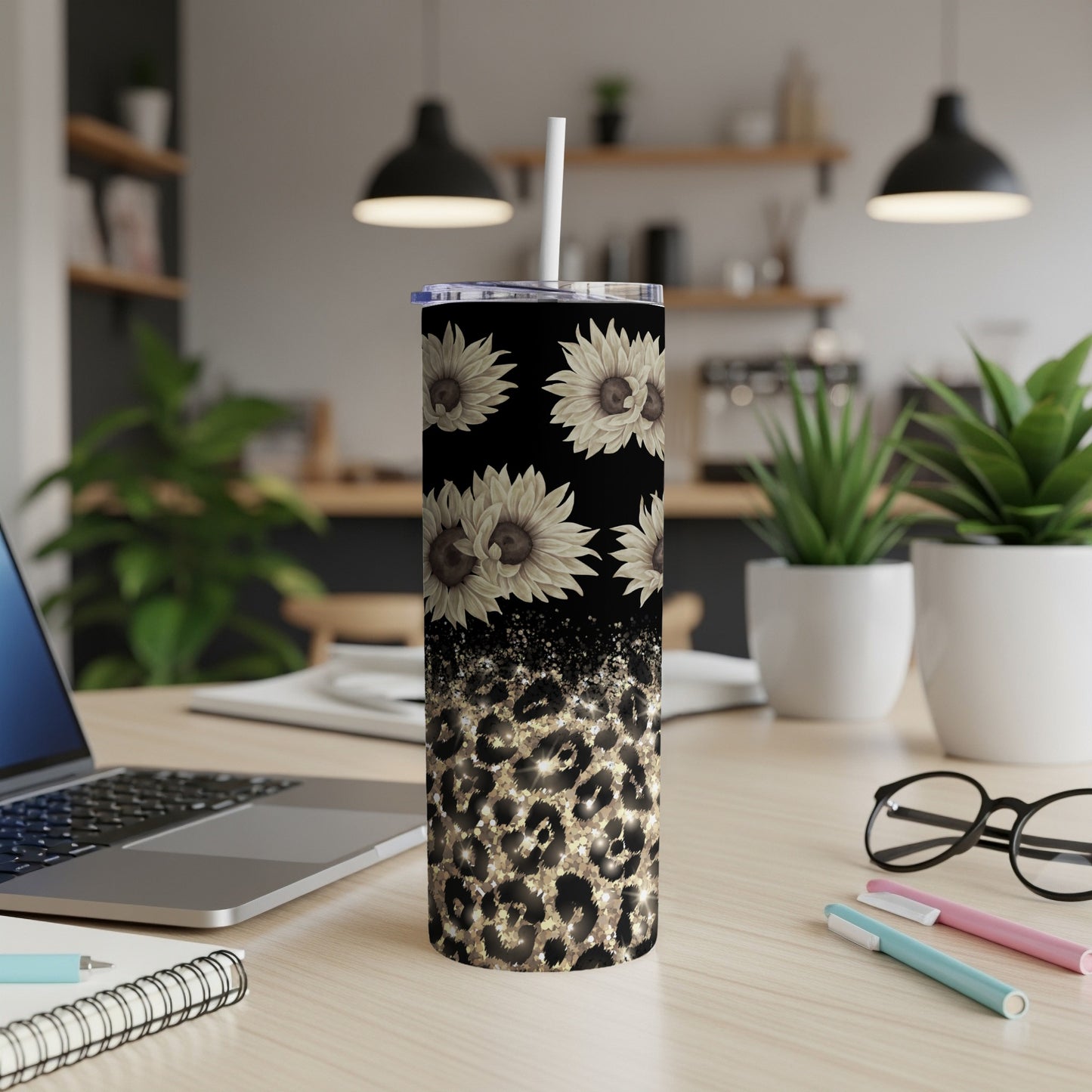 Black tumbler with sunflowers and leopard print.