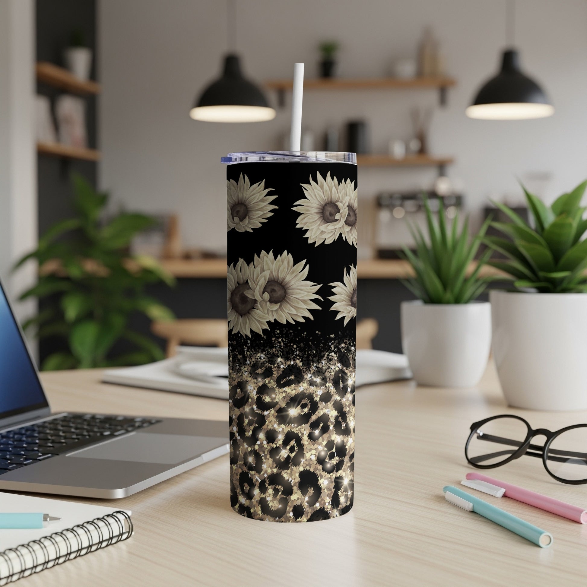 Black tumbler with sunflowers and leopard print.