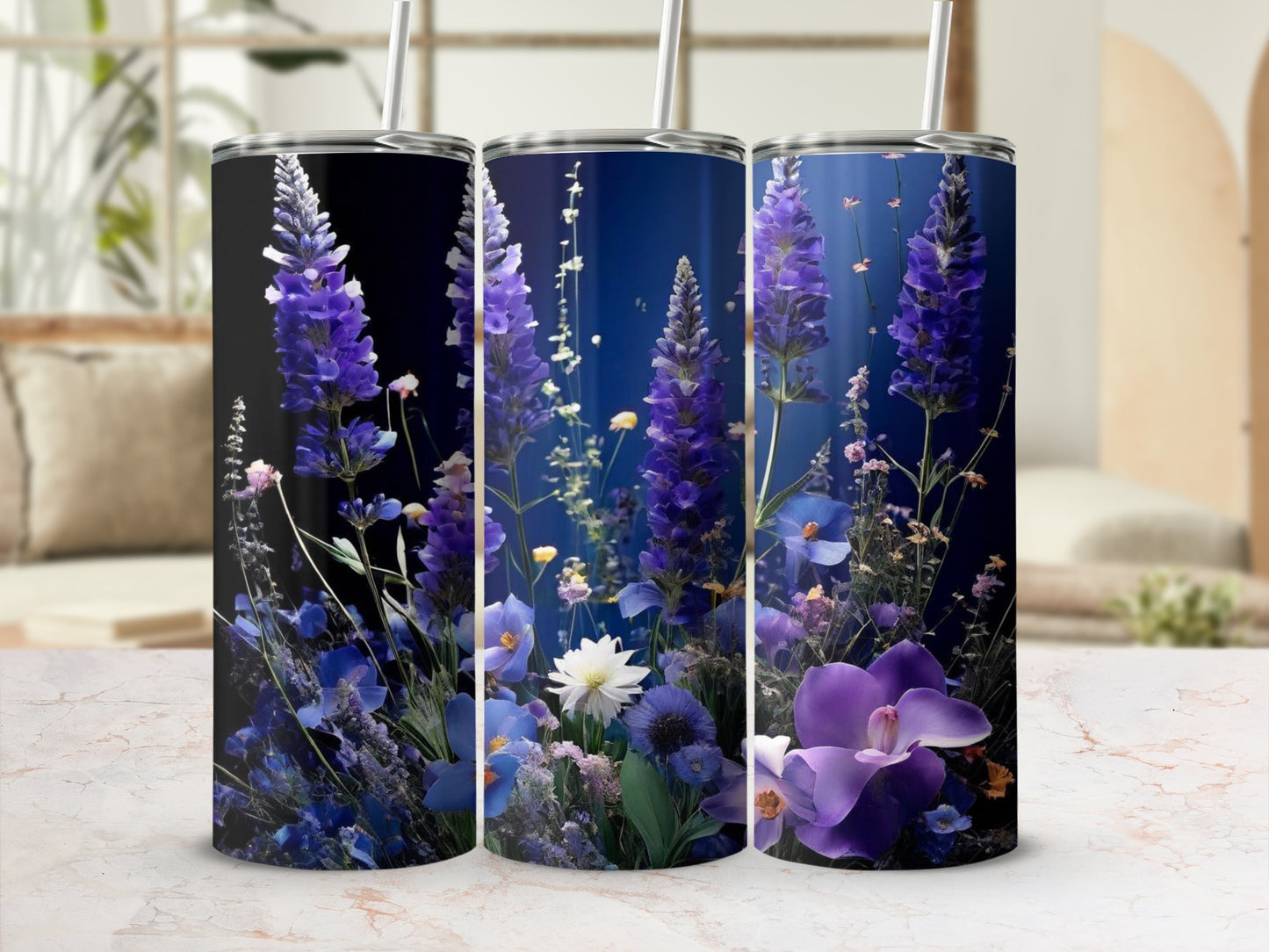 Three tumblers with a dark blue floral design featuring purple and white flowers.
