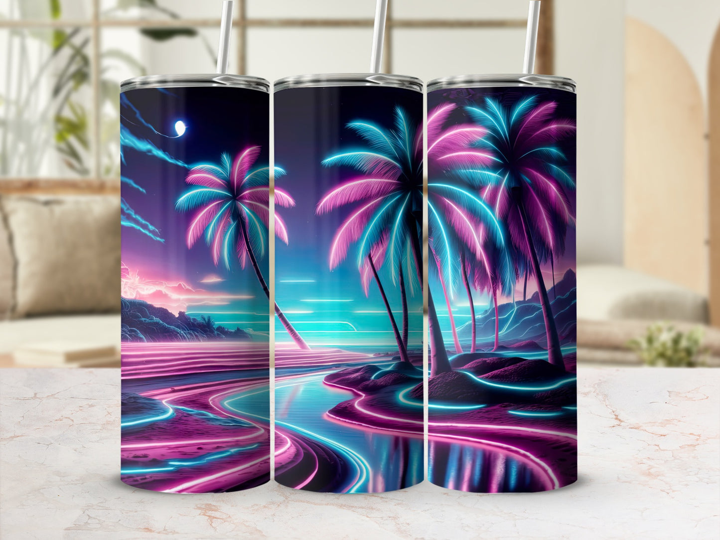 Three tumblers with neon palm trees and a futuristic beach scene.