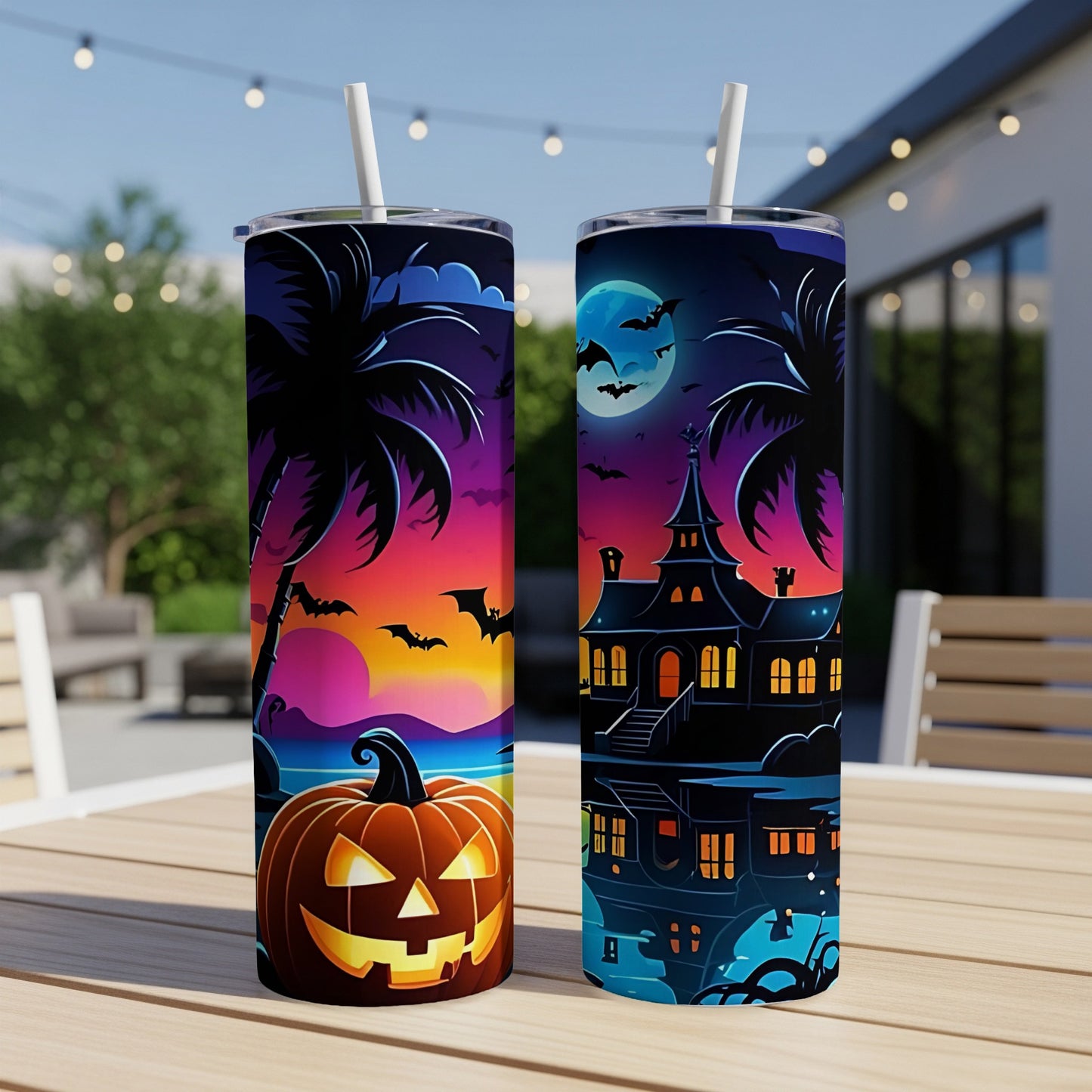 Two Halloween themed tumblers with a jack-o'-lantern and haunted house designs.