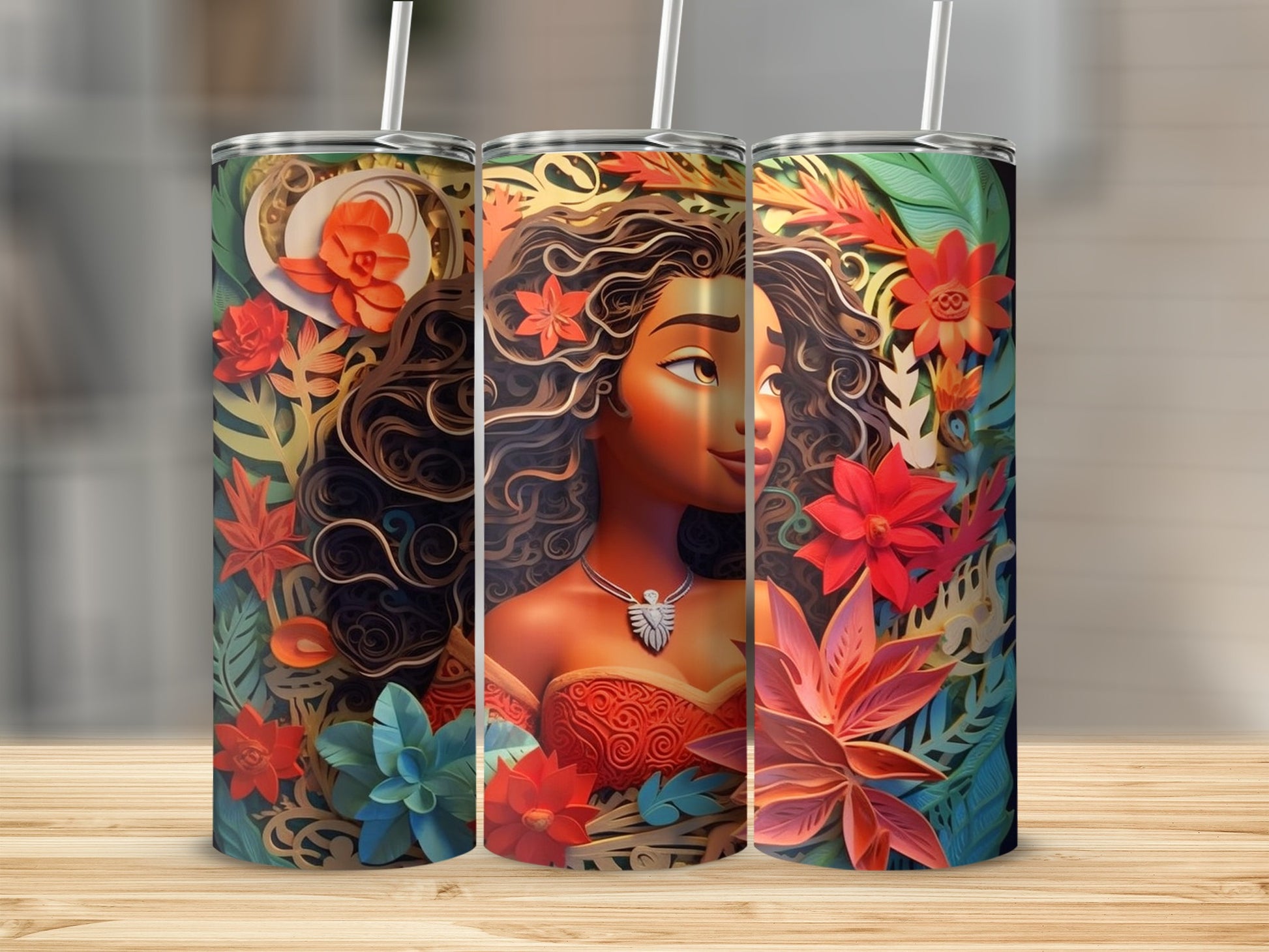 Tropical Floral Design Insulated Tumbler Cup with Straw