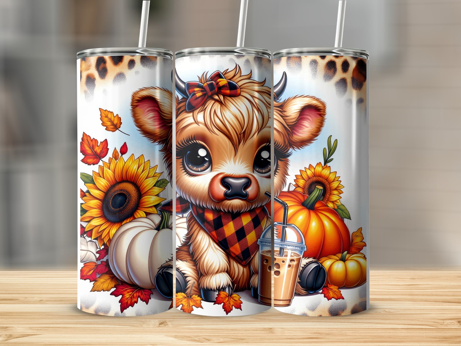 Cute cow with pumpkins, sunflowers, and a coffee cup.