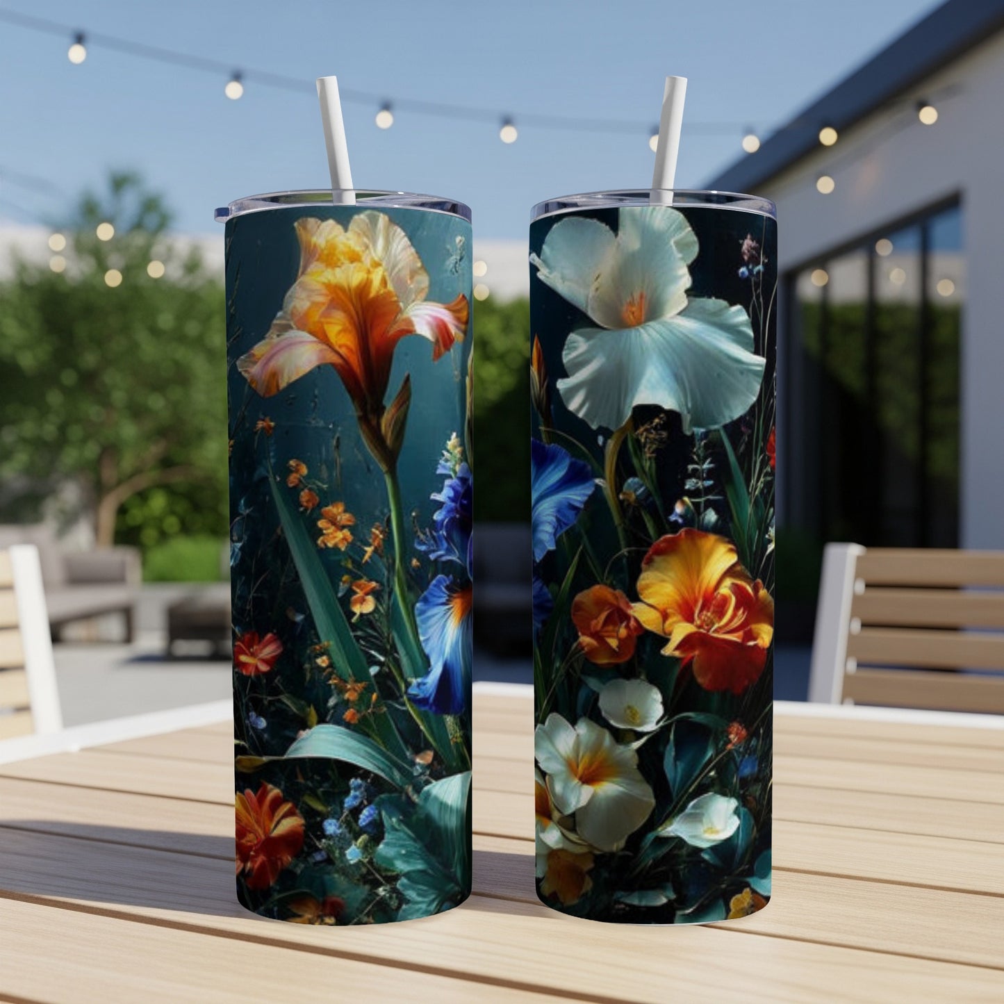 Two tumblers with a vibrant floral pattern stand on a wooden table.