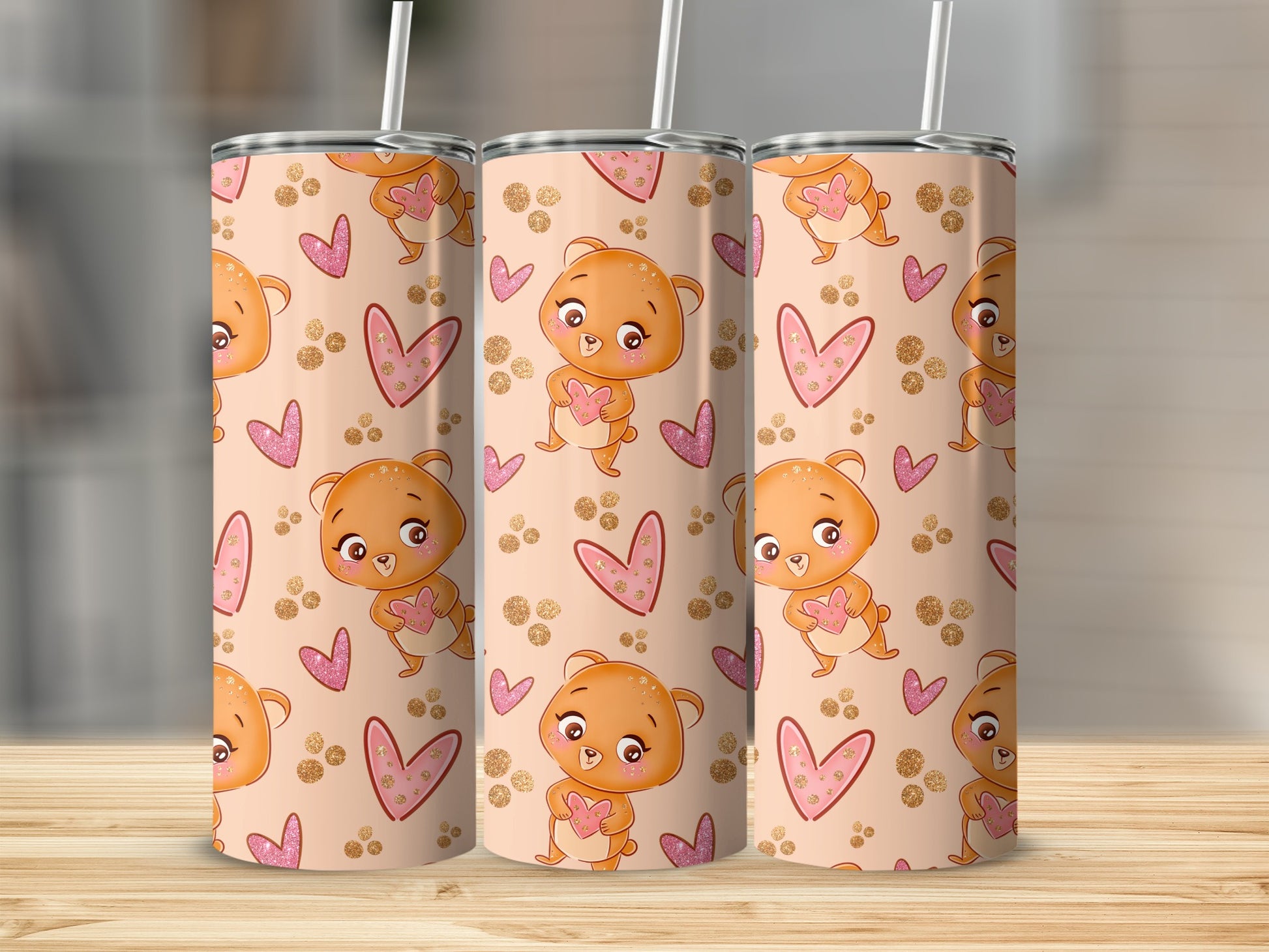 Cute Bear and Heart Design Tumbler for Kids and Adults