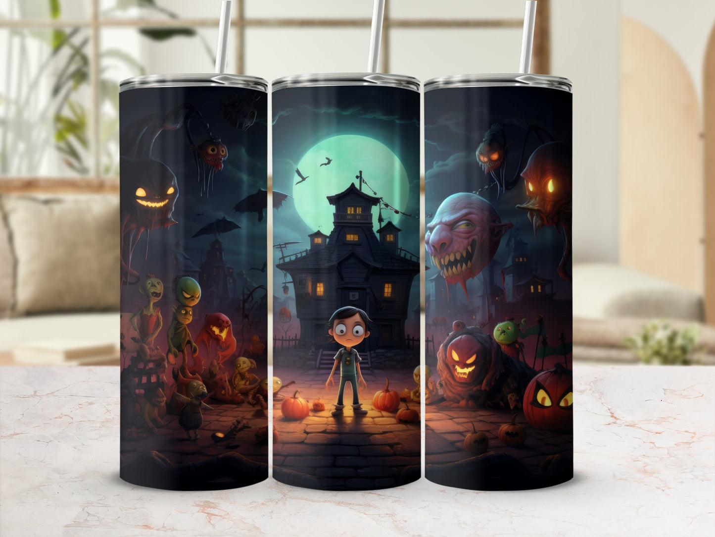 Halloween themed tumbler with spooky creatures, haunted house, and full moon background.