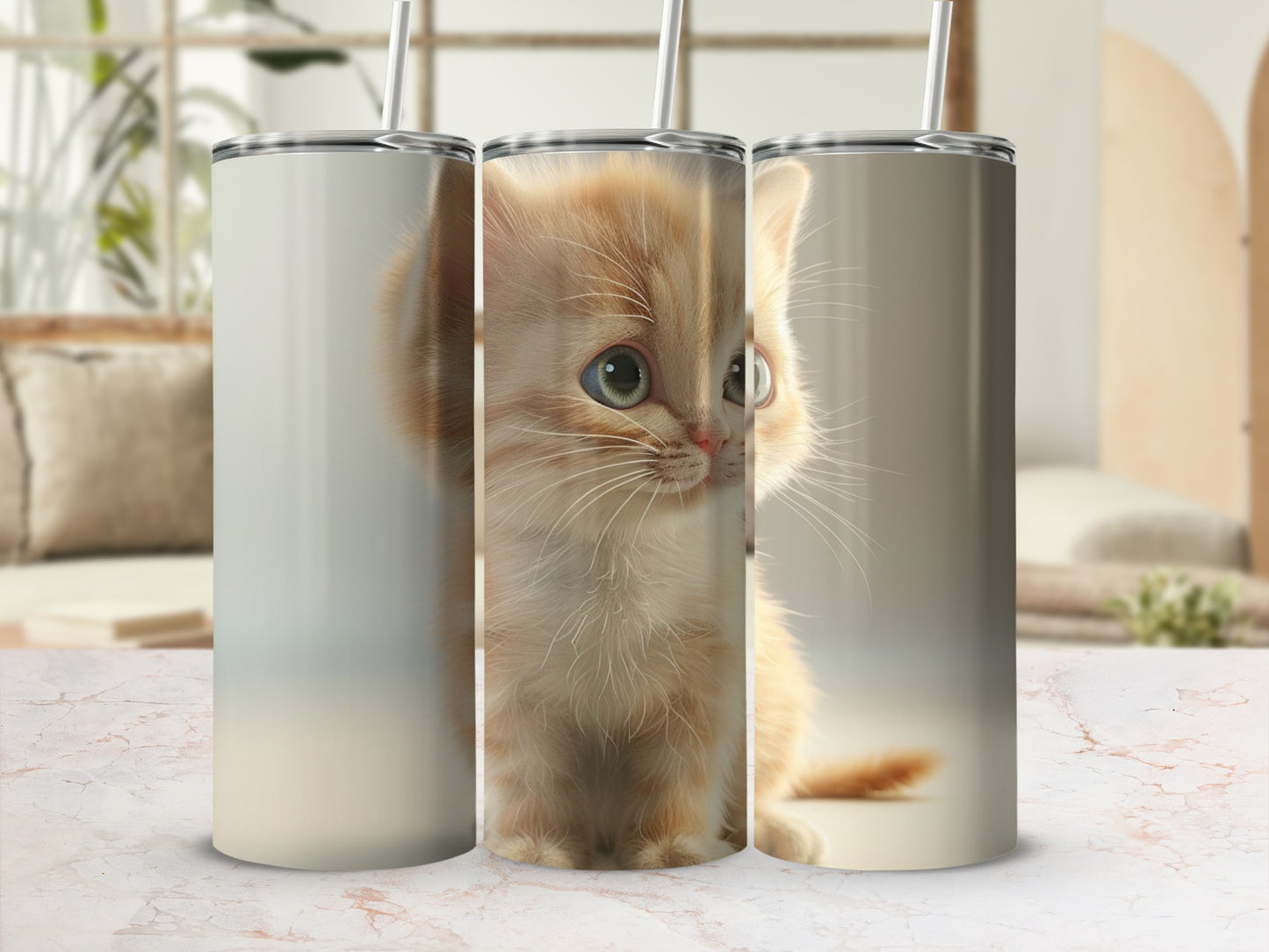 Light orange tabby kitten with blue eyes on a light background.