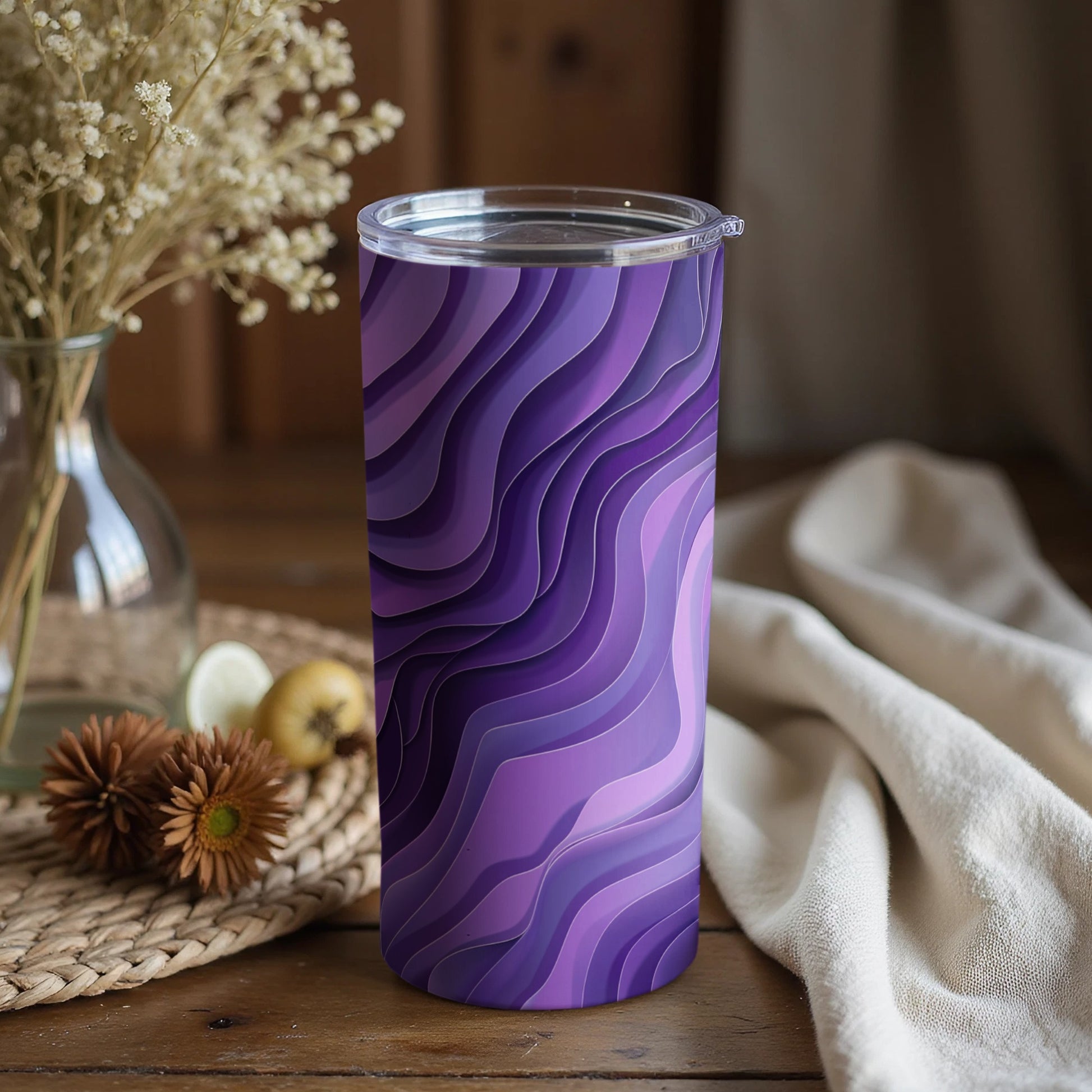 Elegant Waves Patterned Purple Tumbler for Beverage
