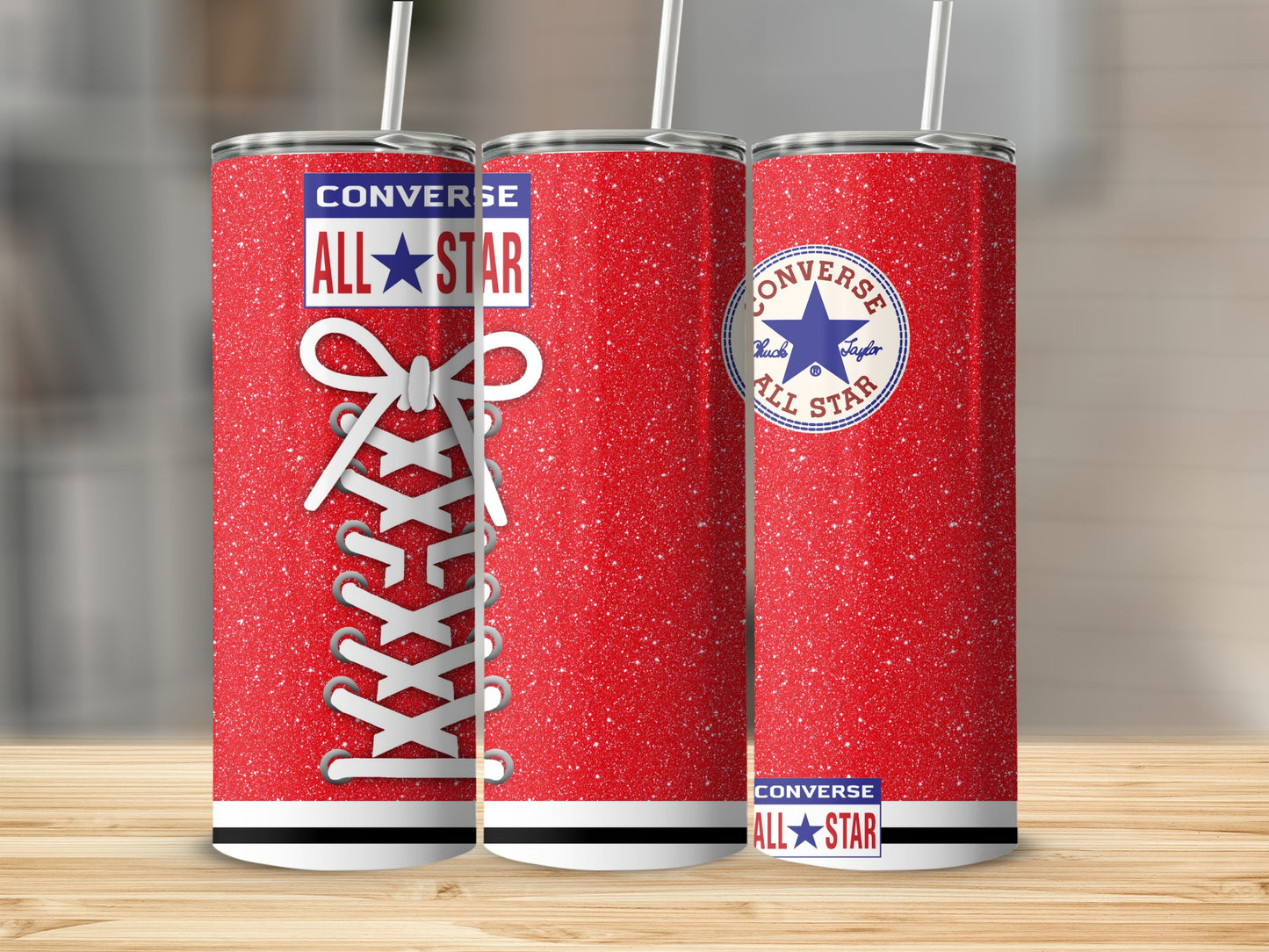 Red Converse All-Star tumbler with white laces and glitter.