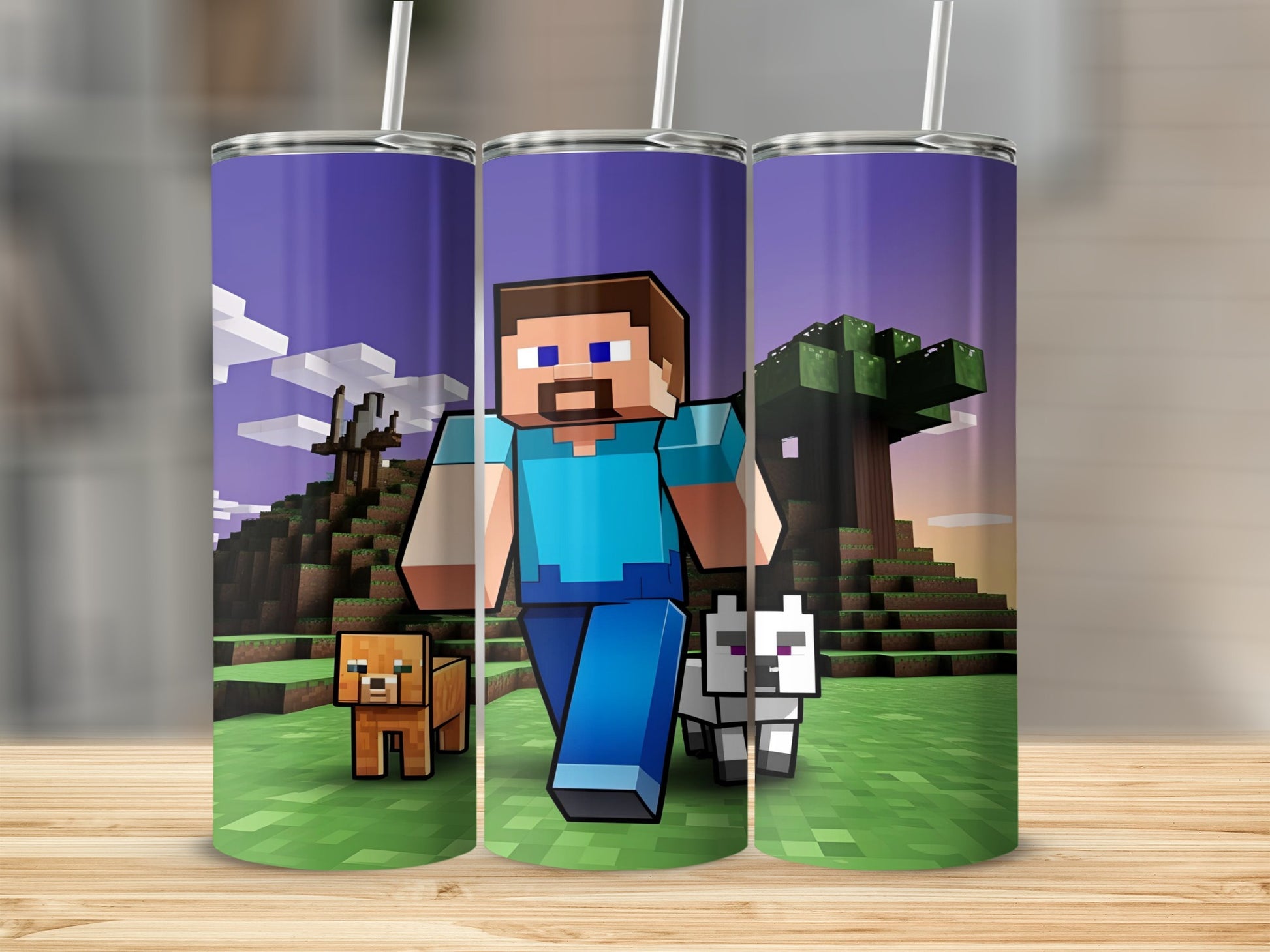Minecraft Steve character with dog and cat in pixelated landscape.