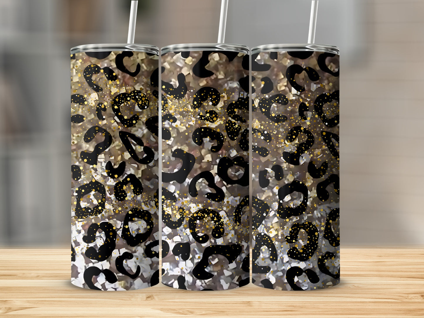Leopard Print Glitter Tumbler with Straw 20oz