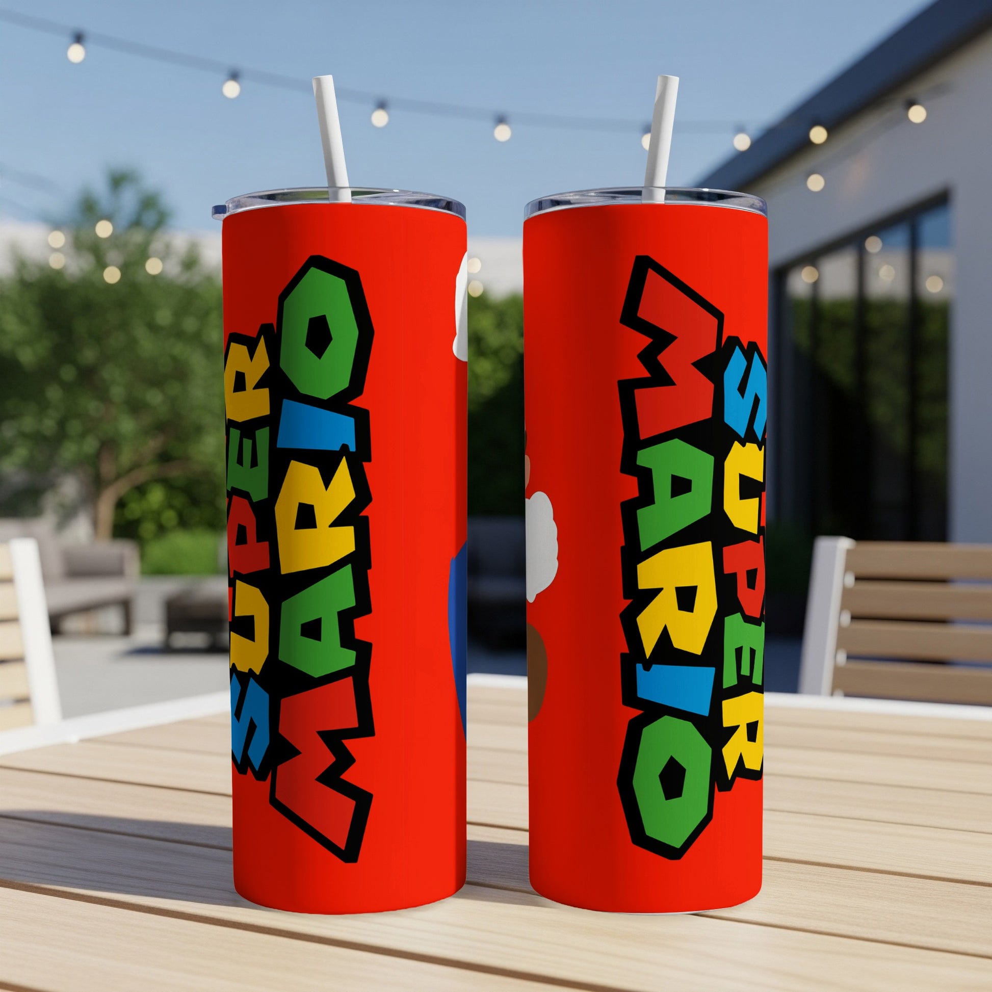Red tumbler with Super Mario character and logo.