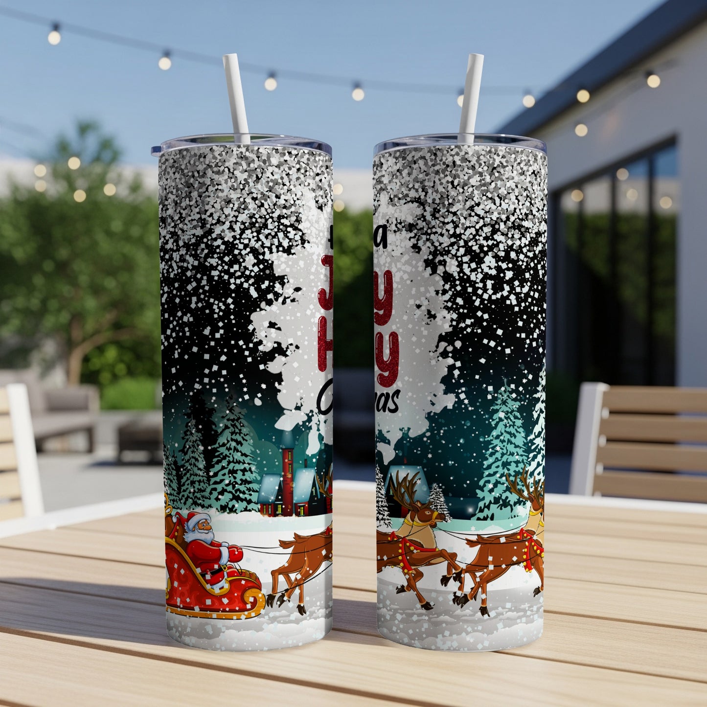 Santa's sleigh with reindeer on a snowy landscape tumbler with "A Very Merry Christmas" text.
