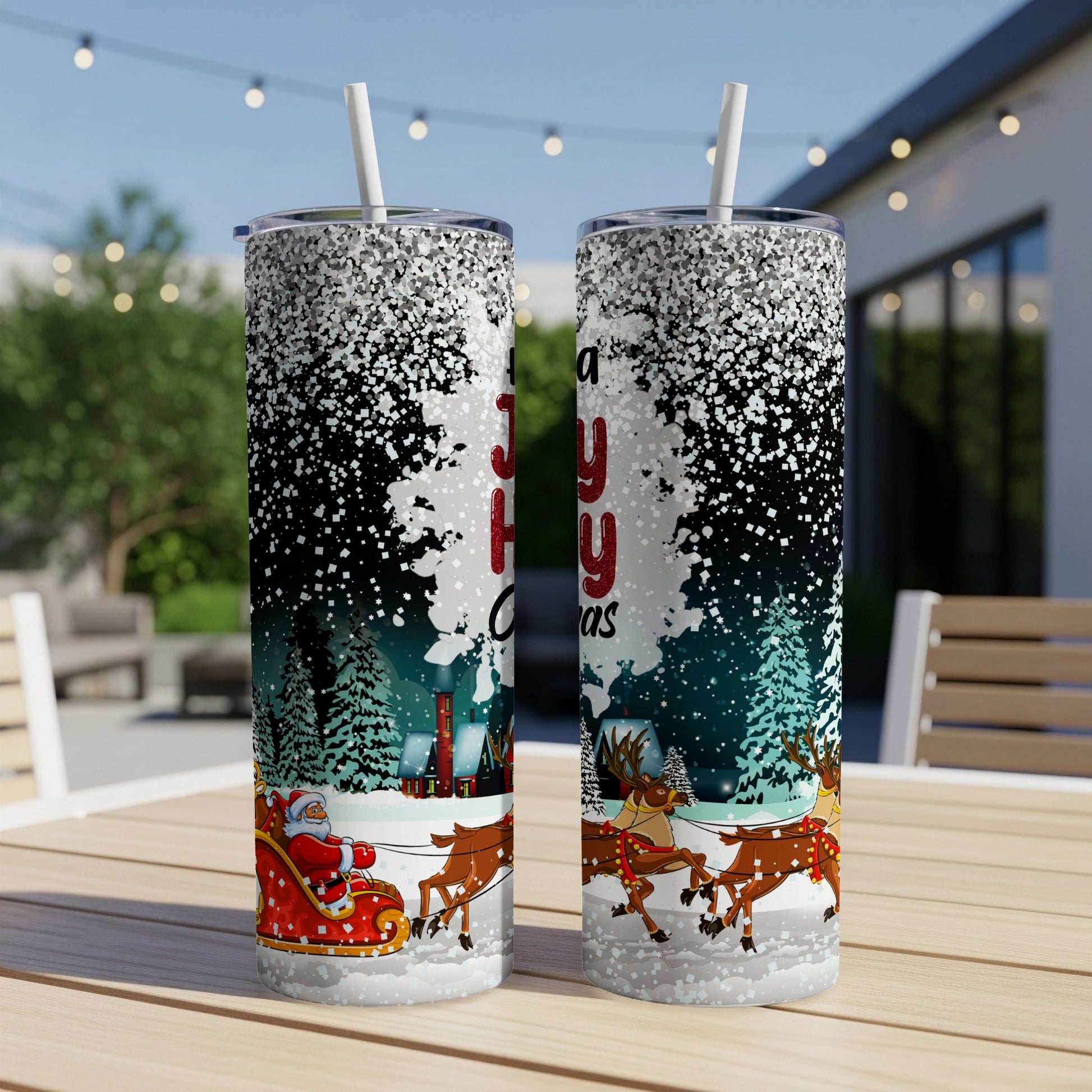 Santa's sleigh with reindeer on a snowy landscape tumbler with "A Very Merry Christmas" text.