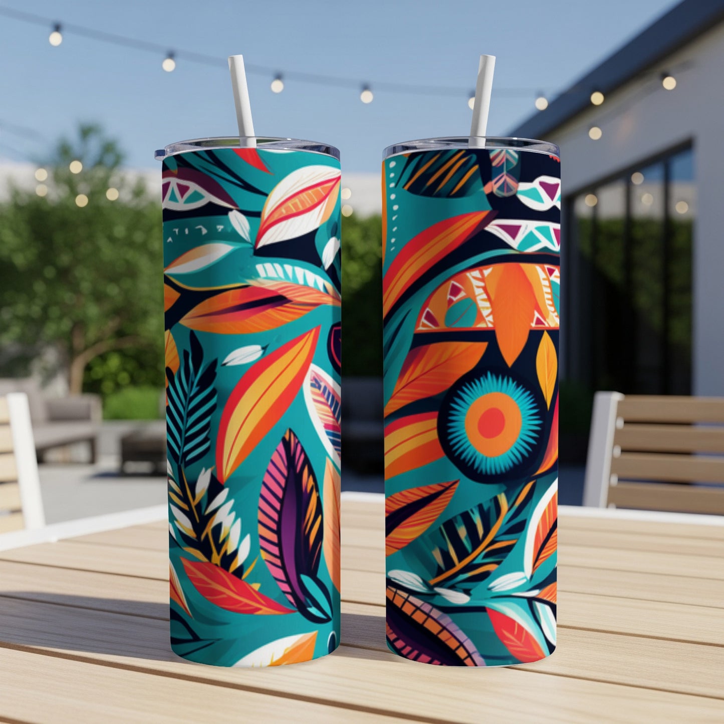 Two tall tumblers with vibrant, tropical leaf and geometric patterns.