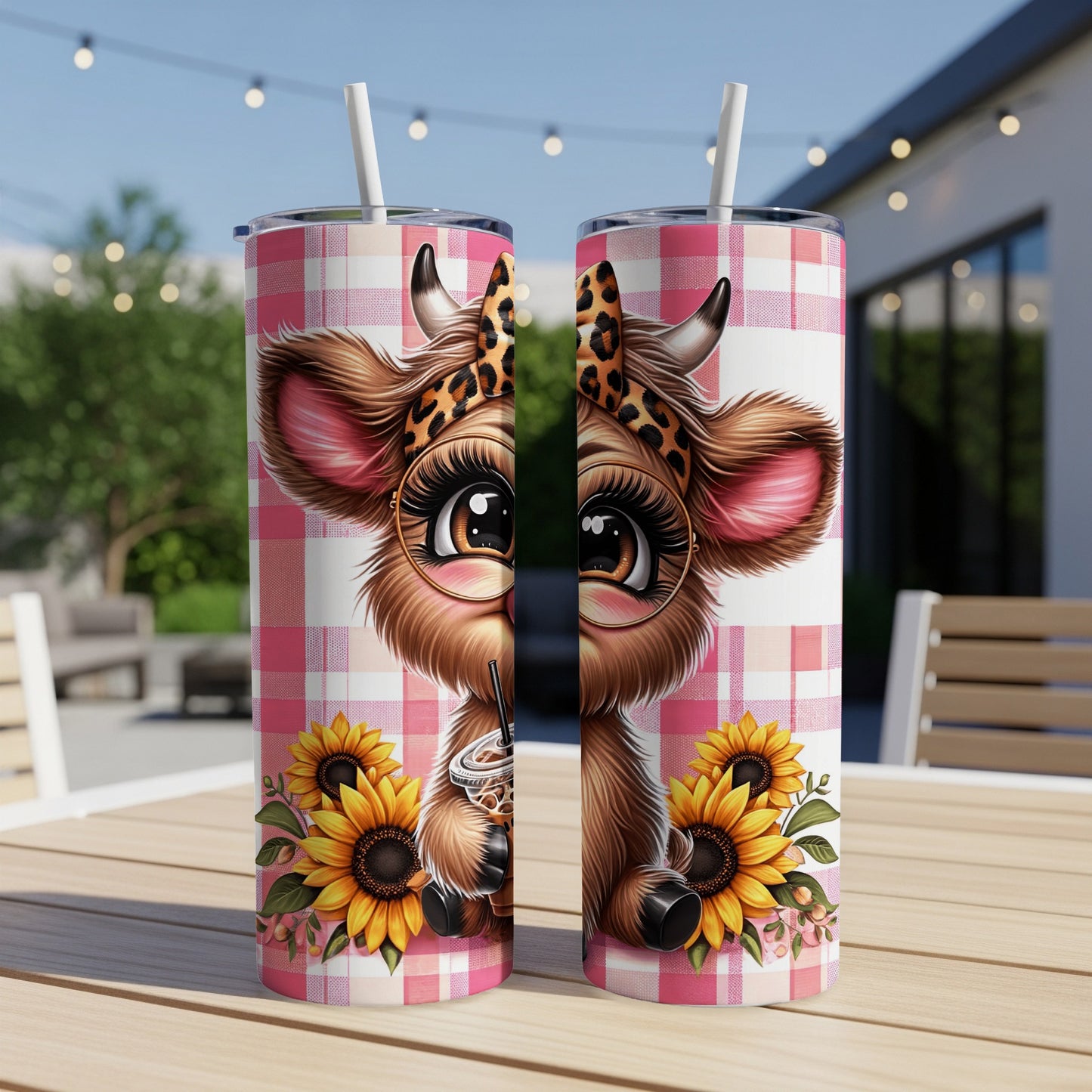 Pink gingham tumbler with a cute cow wearing glasses and sunflowers.