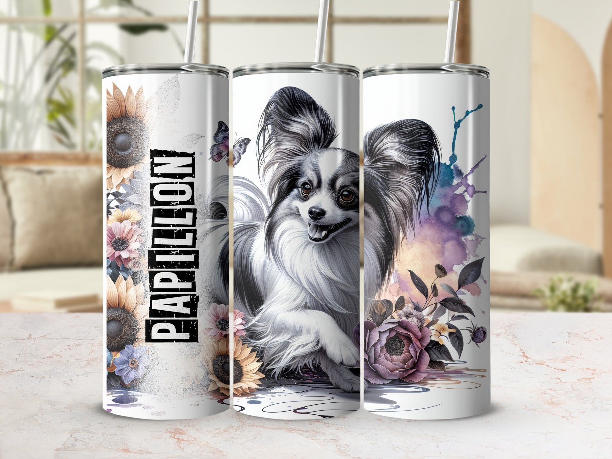 Tumbler with Papillon dog and sunflowers, "Papillon" text.