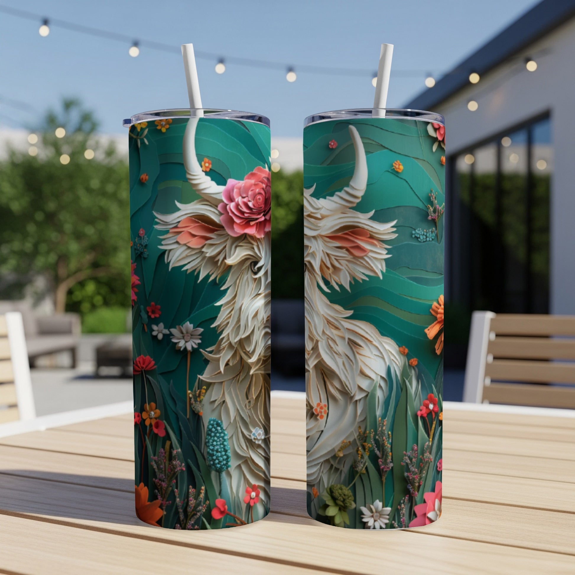 Two tumblers featuring a fluffy highland cow with floral accents on a table.