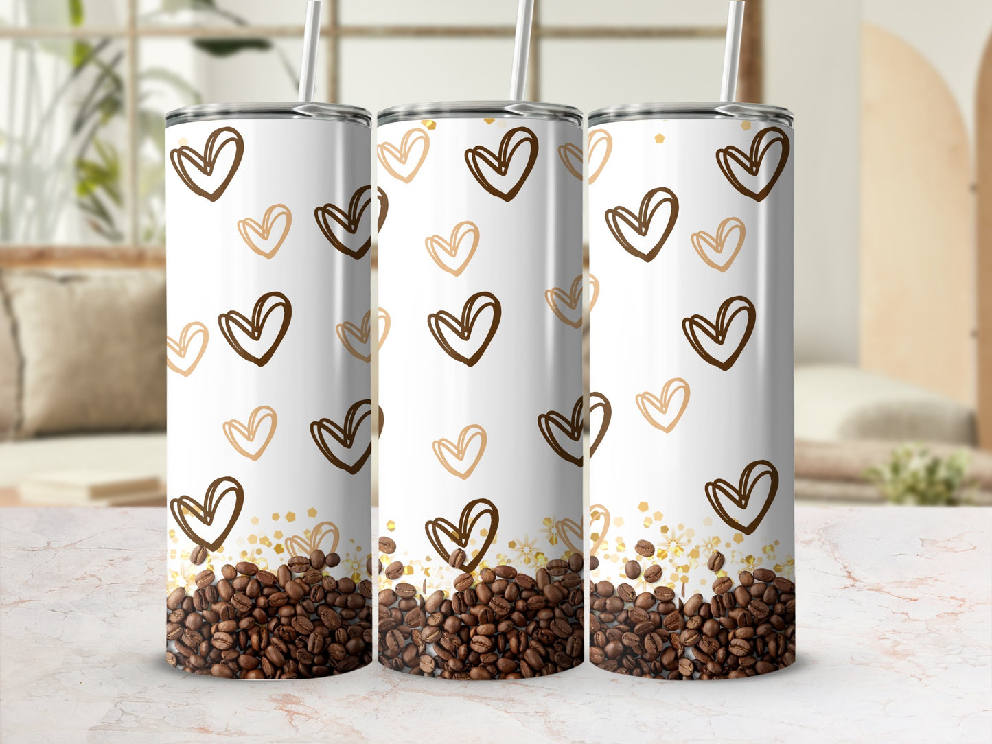 Heart and Coffee Bean Pattern Tumbler Drinkware Item