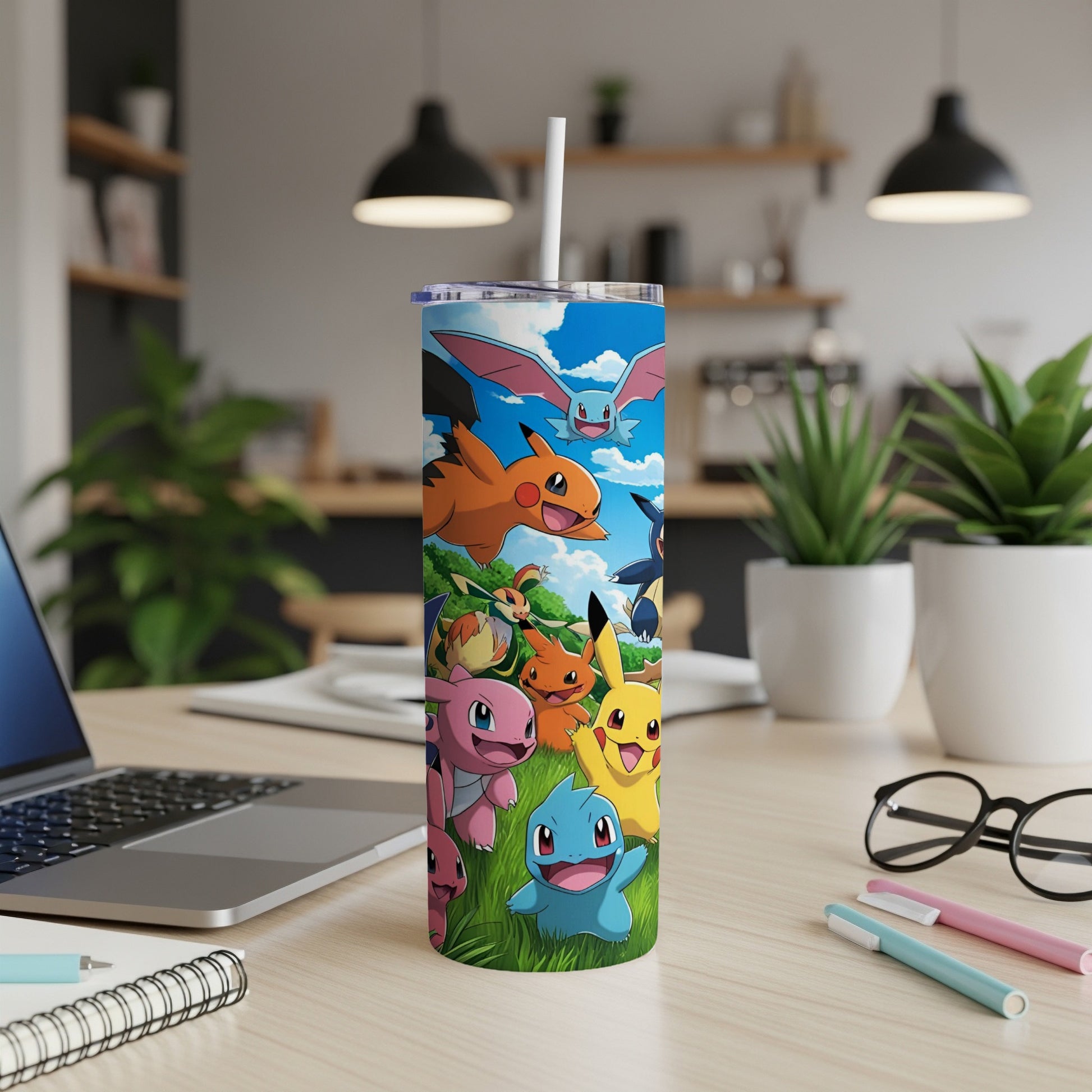 Pokemon characters on a tumbler mug with a kitchen counter background.