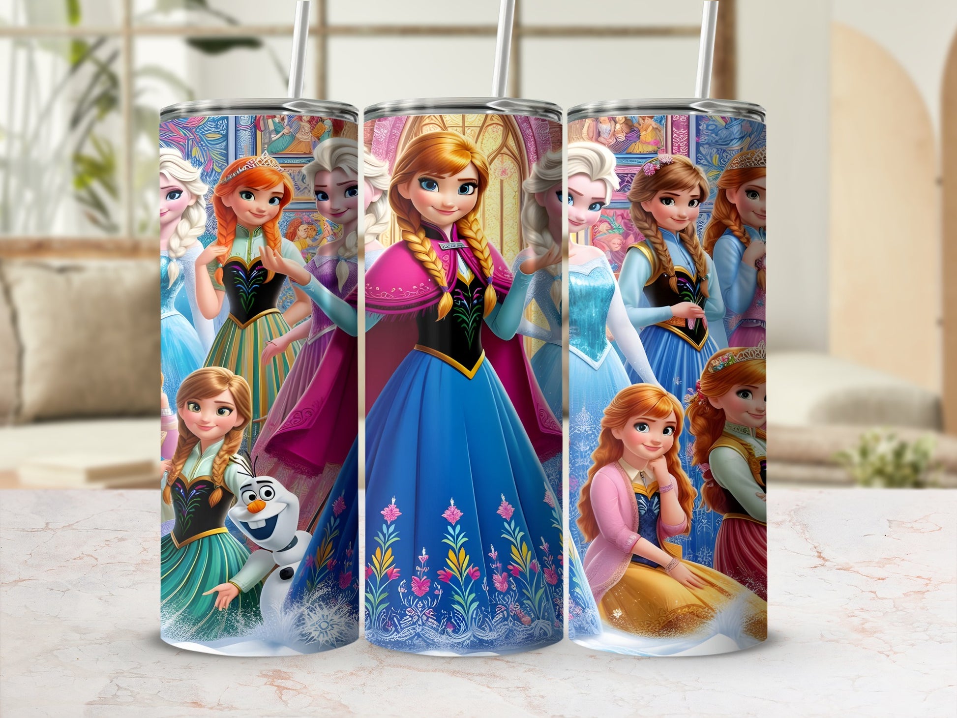 Frozen characters Anna and Elsa with Olaf on a blue and pink floral patterned tumbler.