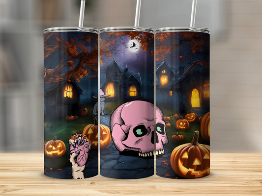 Spooky Halloween Scene with Pumpkins Skull Tumbler