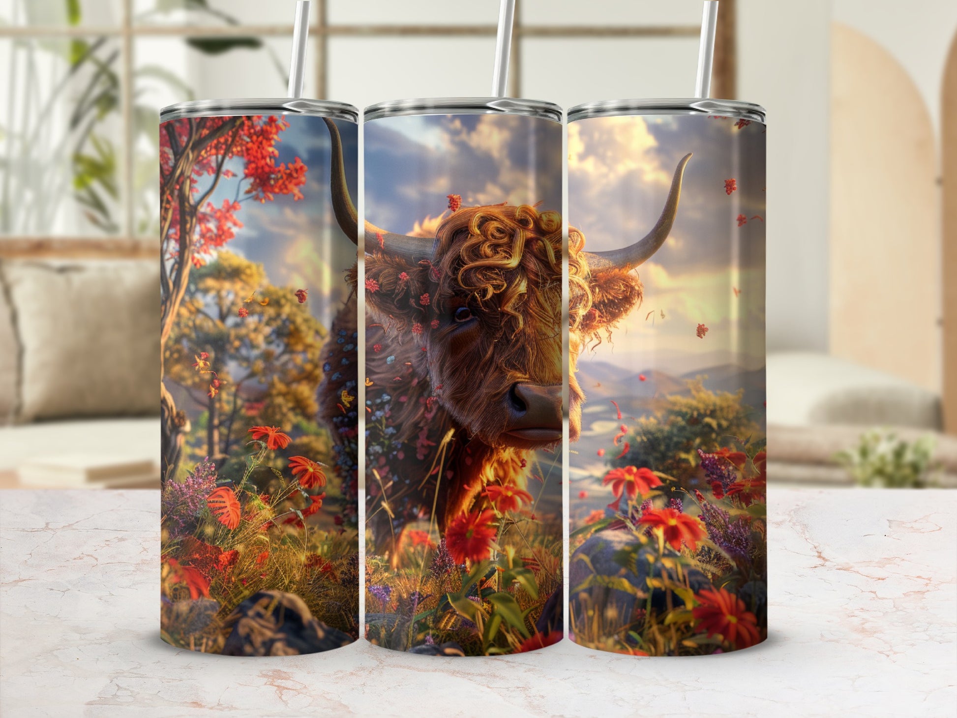 Highland cow with horns in a field of wildflowers and trees.