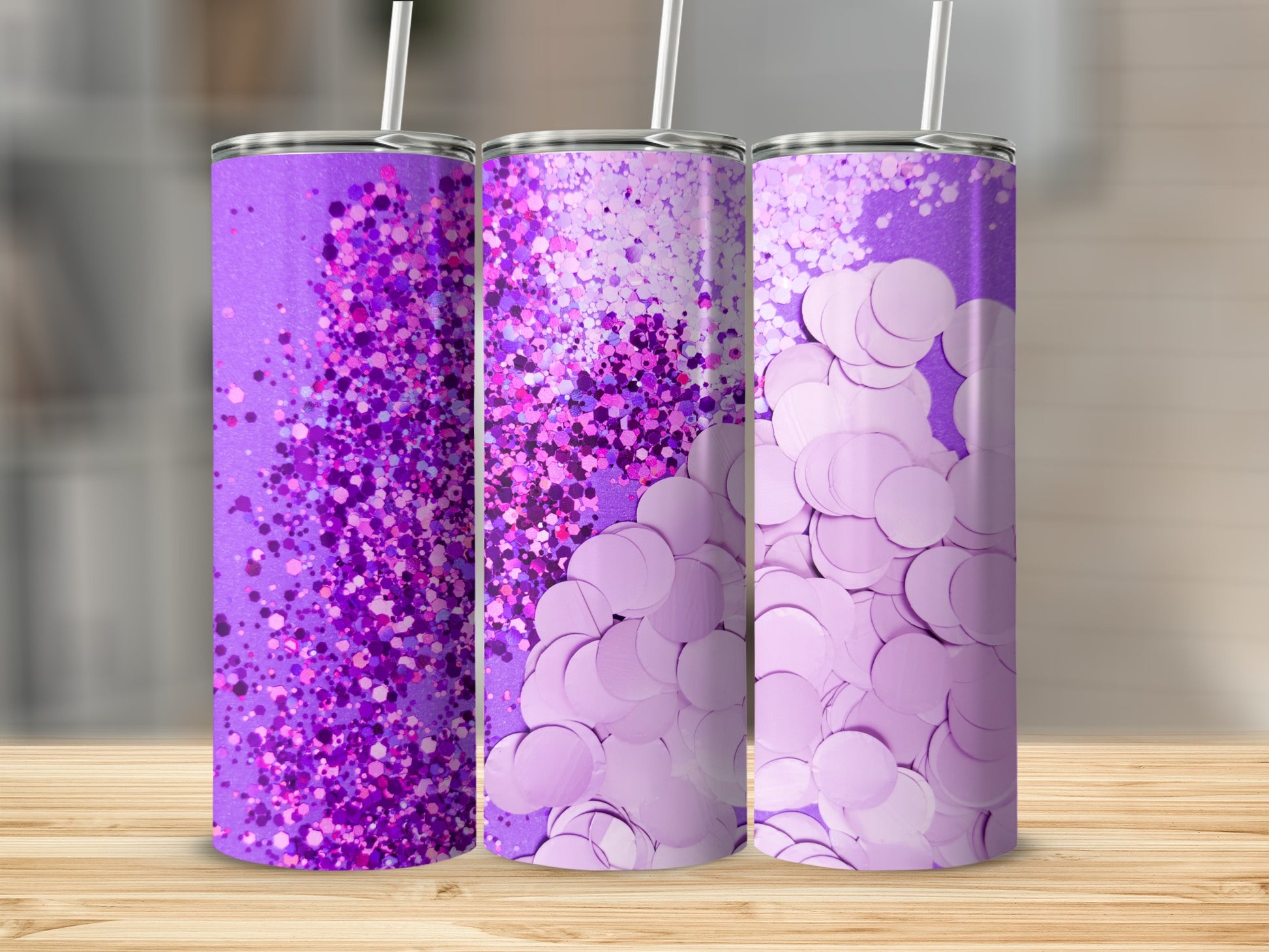 Purple Glitter Sparkle Tumblers with Straws