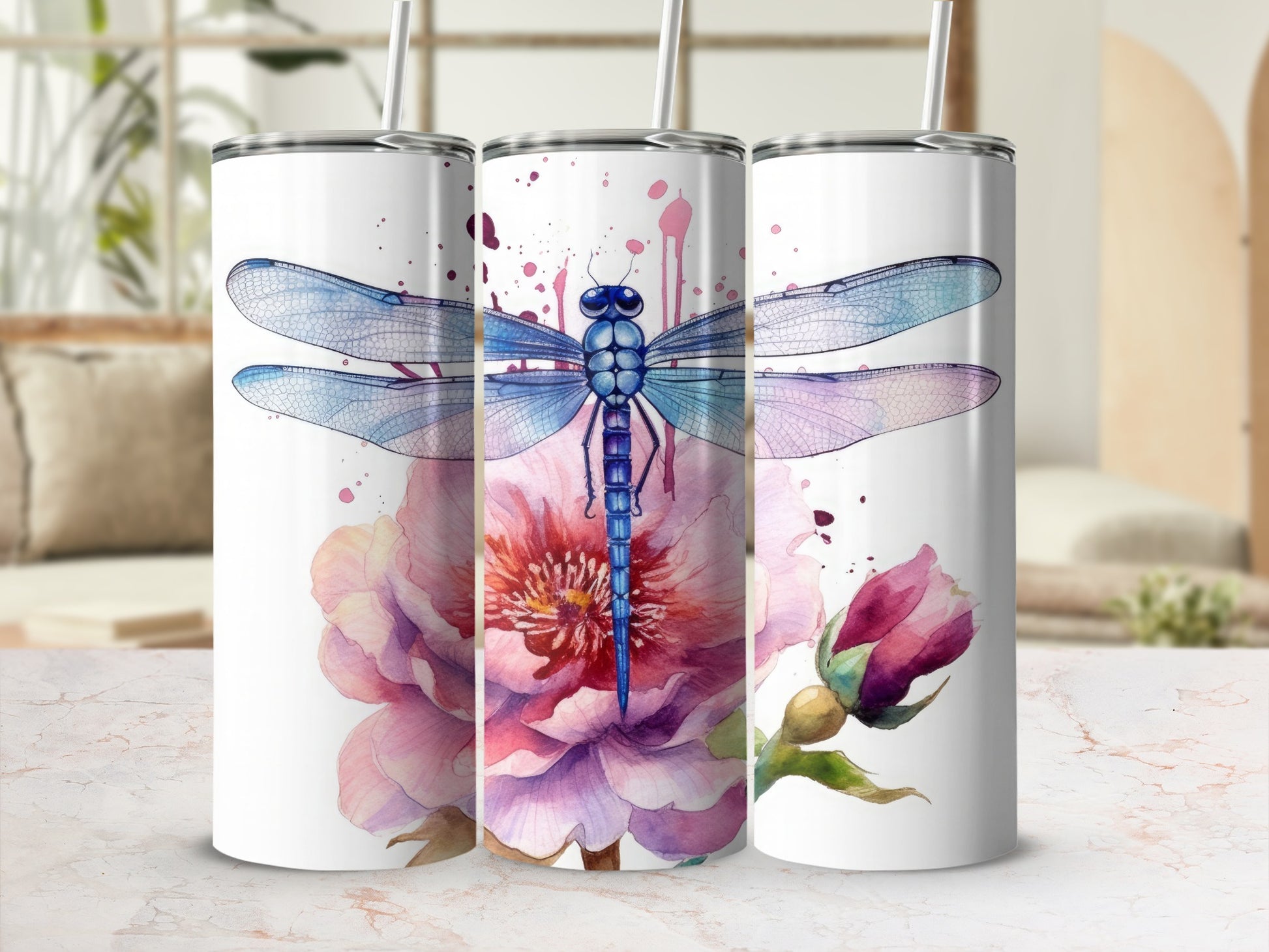 Watercolor Dragonfly with Floral Design Tumbler