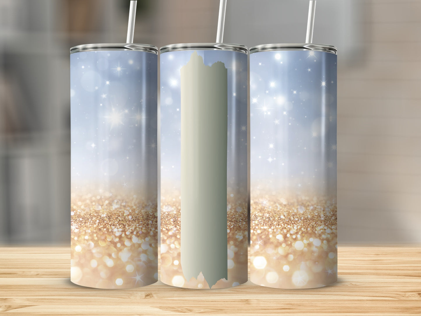 Three glittery tumblers with sparkling bokeh backgrounds.