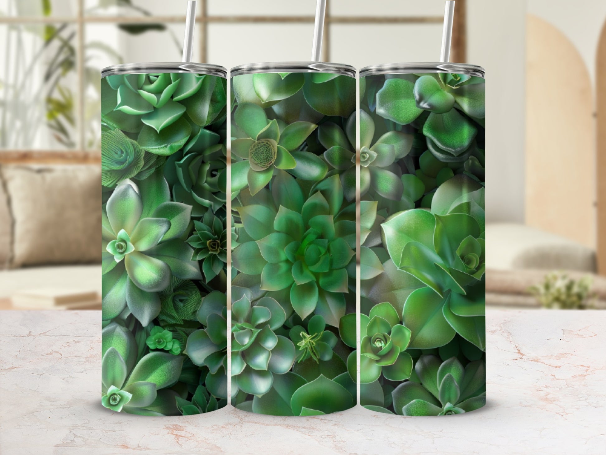 Three tumblers featuring a close-up pattern of various green succulents.
