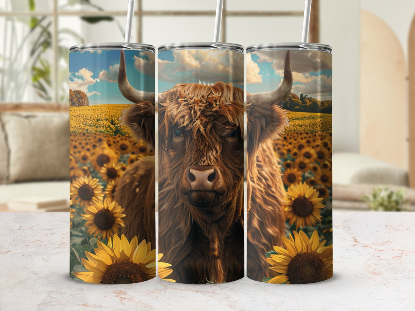 Tuscan yellow fields and sunflowers with a bull's face on a tumbler.