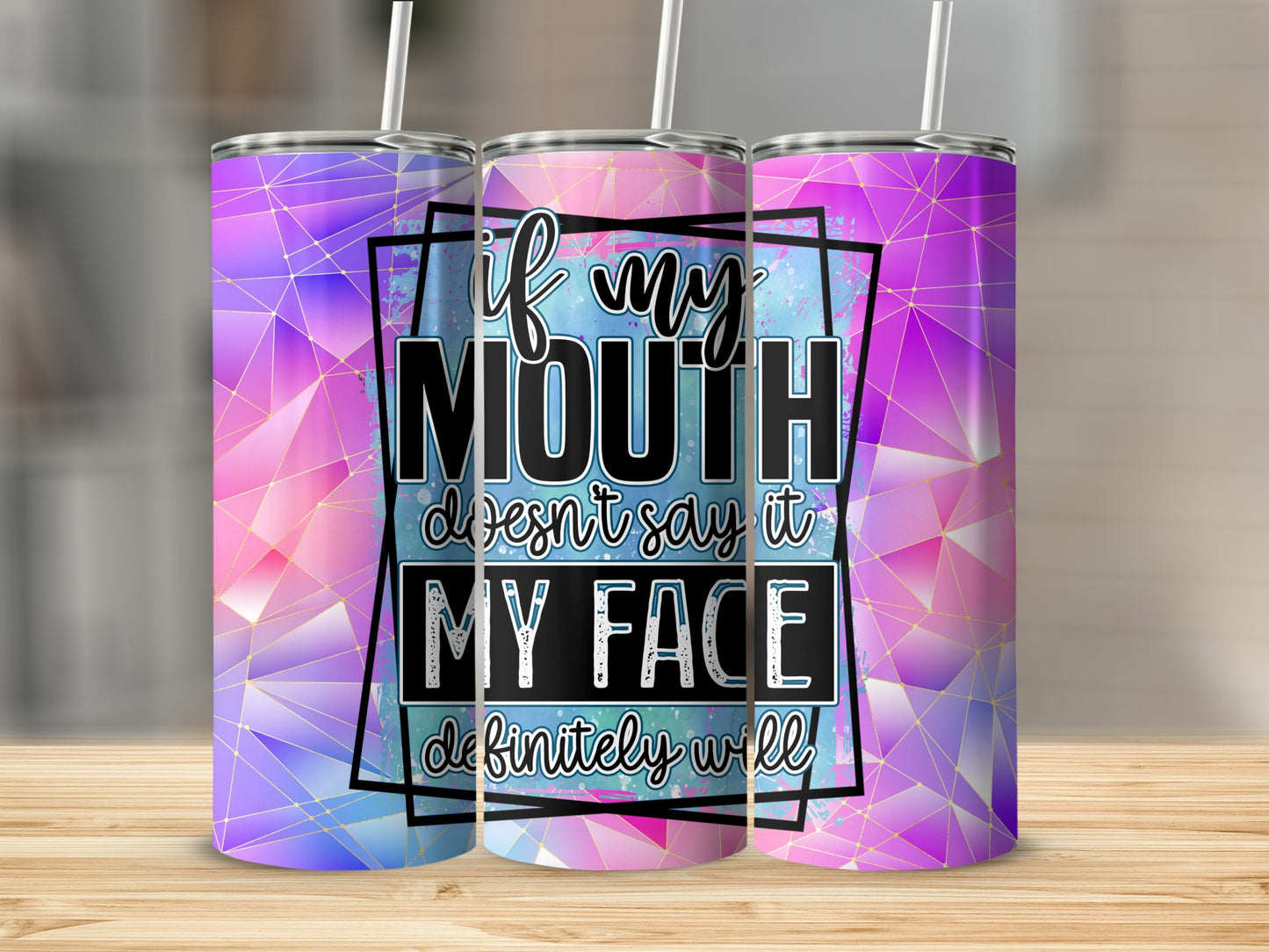If My Mouth Doesn't Say It My Face Will Tumbler product type
Tumbler
Drinkware
Insulated Cup
Travel Mug
Sarcastic Quote
Funny Saying
Sassy Expression
Attitude Quote
Mouth Face Quote
Humorous Gift
Geometric Pattern
Purple Pink Blue
Abstract Design
Gold Lines
Vibrant Gradient
Colorful Drinkware
Everyday Tumbler
Gift Idea
Unique Design
Quote Tumbler